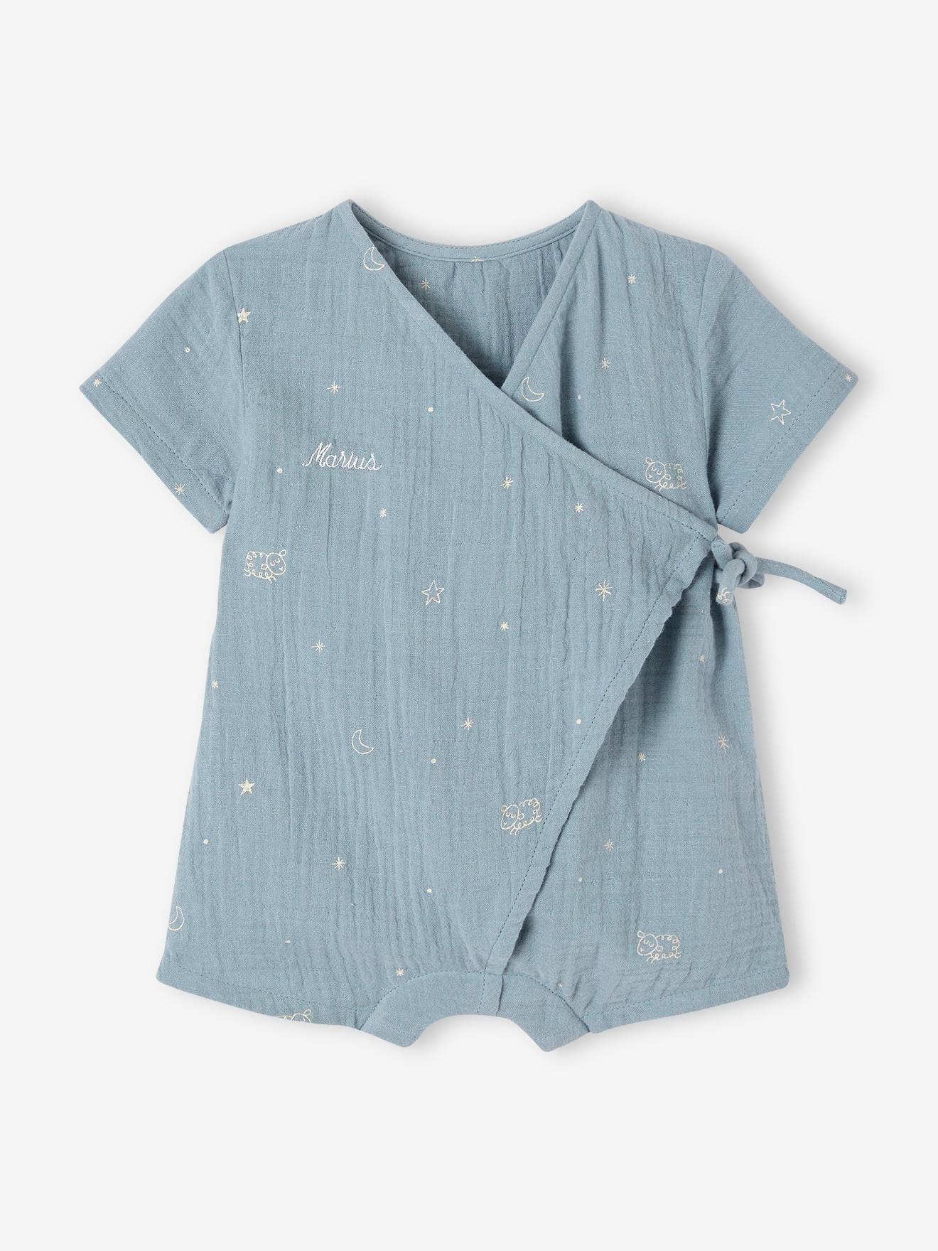pyjashort en gaze de coton bébé personnalisable bleu grisé