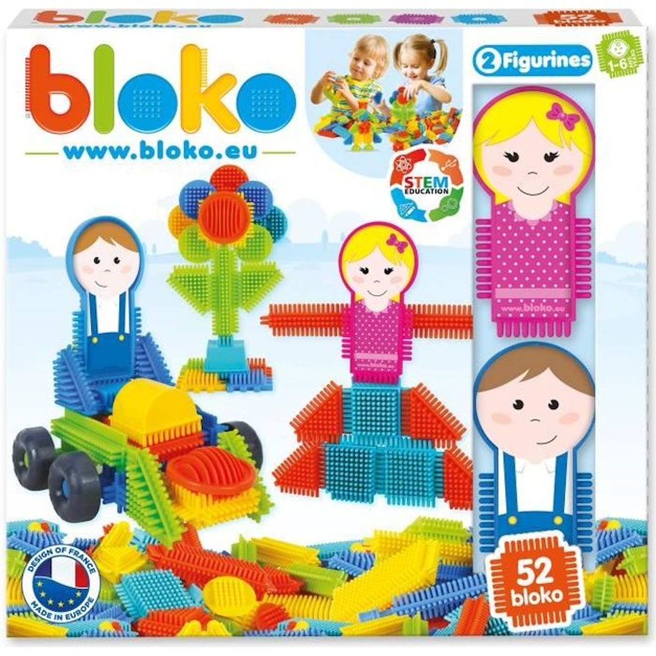 Jeu D'assemblage - Bloko - Coffret De 50 Bloko Et 2 Figurines Family - Dès 12 Mois - Fabriqué En Eur