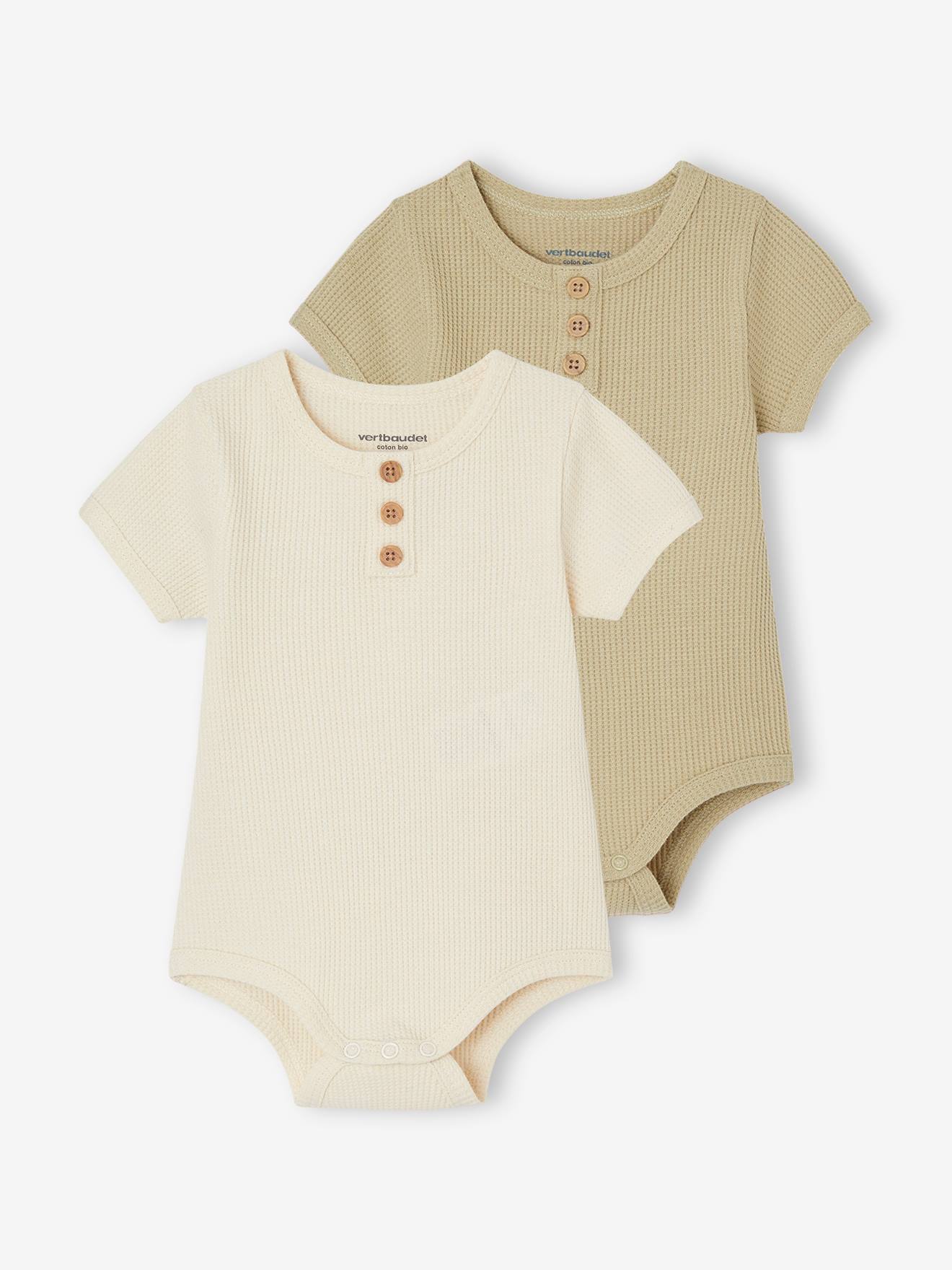 Lot de 2 bodies ouverture devant bébé en maille nid d'abeille coton biologique olive