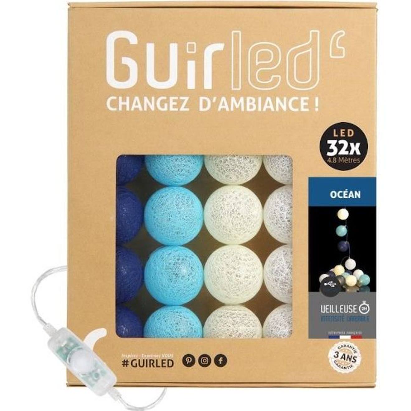 Guirled - Guirlande Lumineuse Boules Coton Led Usb - Guirled - Océan - 3 Intensités - 32 Boules 3,2m Bleu