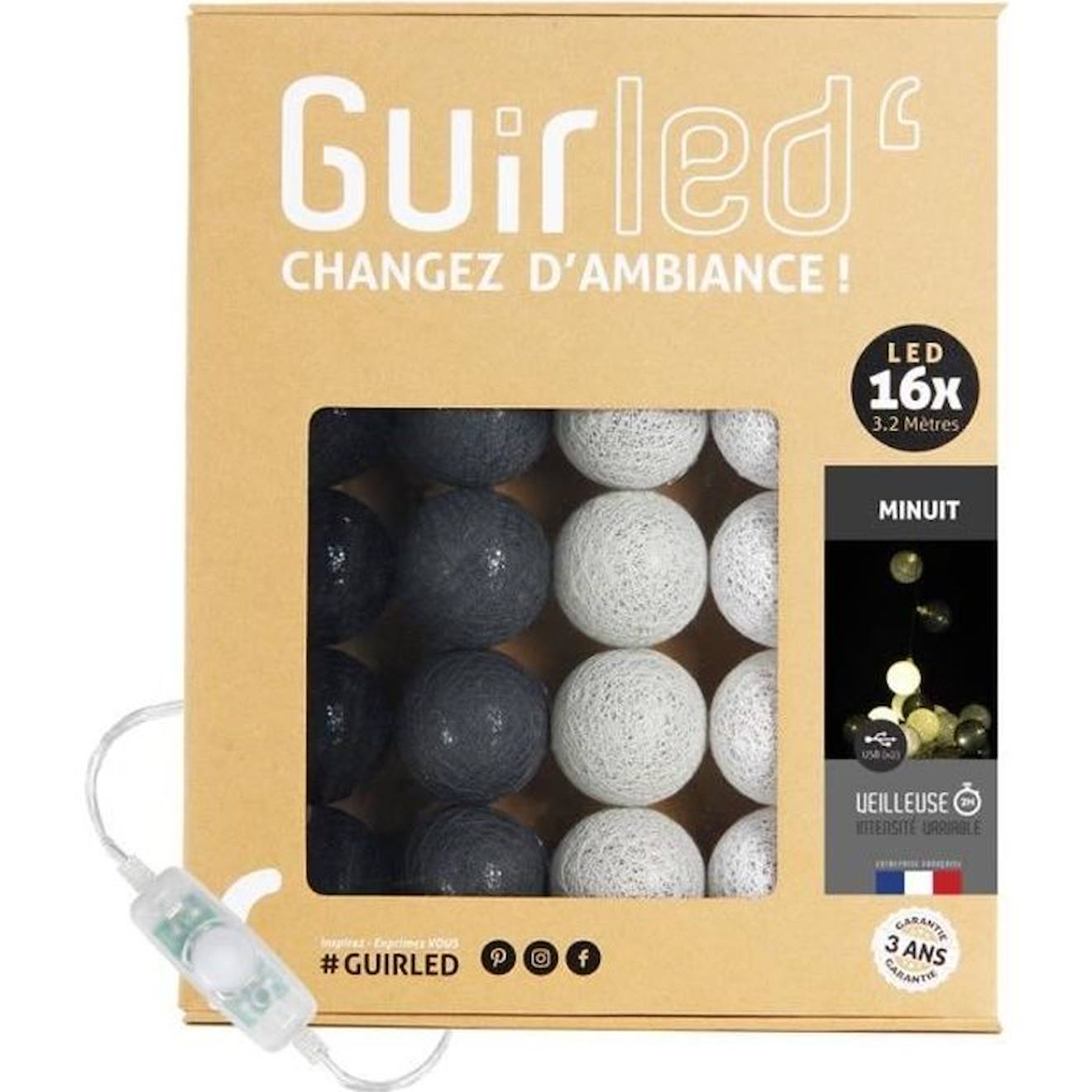 Guirled - Guirlande Lumineuse Boules Coton Led Usb - Veilleuse Bébé 2h - 3 Intensités - 16 Boules 1,6m - Minuit Noir