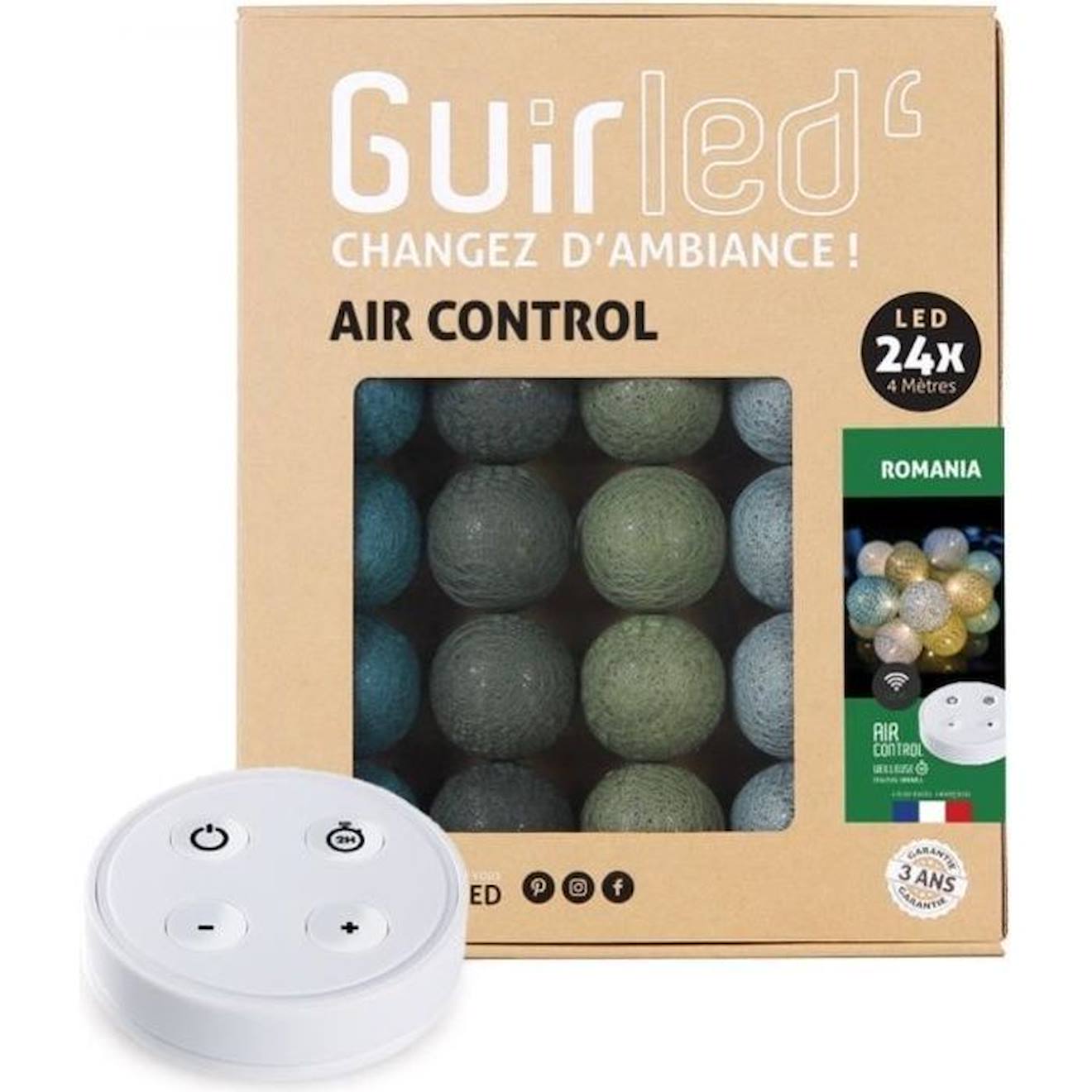 Guirled - Guirlande Lumineuse Boules Coton Led Usb - Télécommandée -veilleuse Bébé 2h - 4 Intensités - 24 Boules 2,4m - Romonia Marron