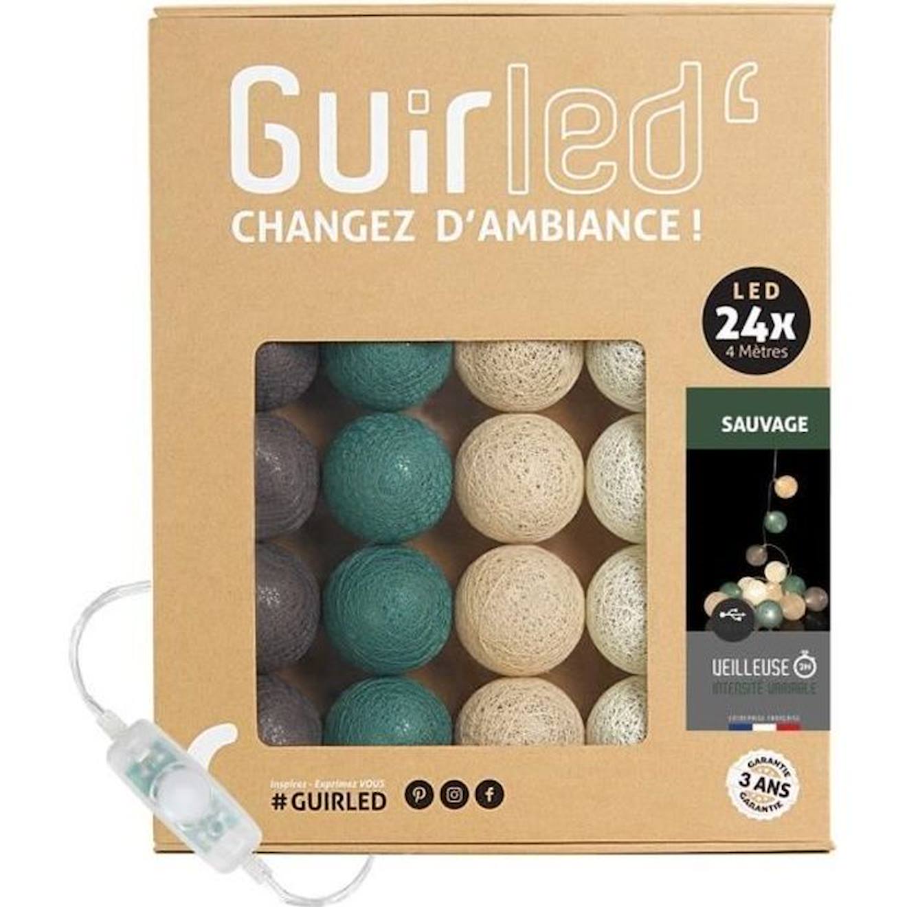 Guirlande Lumineuse Boules Coton Led Usb - Guirled - Sauvage - 24 Boules 2,4m - 3 Intensités - Veilleuse Bébé 2h Marron