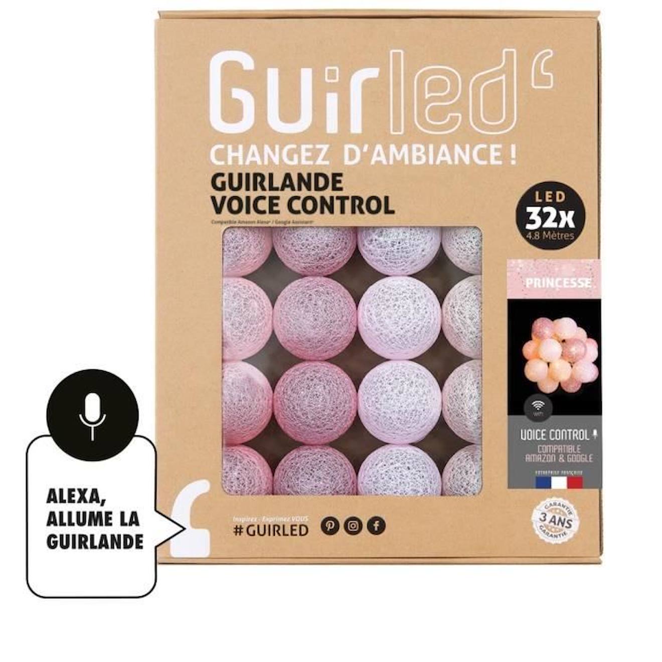 Guirled - Guirlande Lumineuse - Guirle - 3,2m - Compatible Google & Alexa - 4 Couleurs - Led Usb Rechargeable Rose