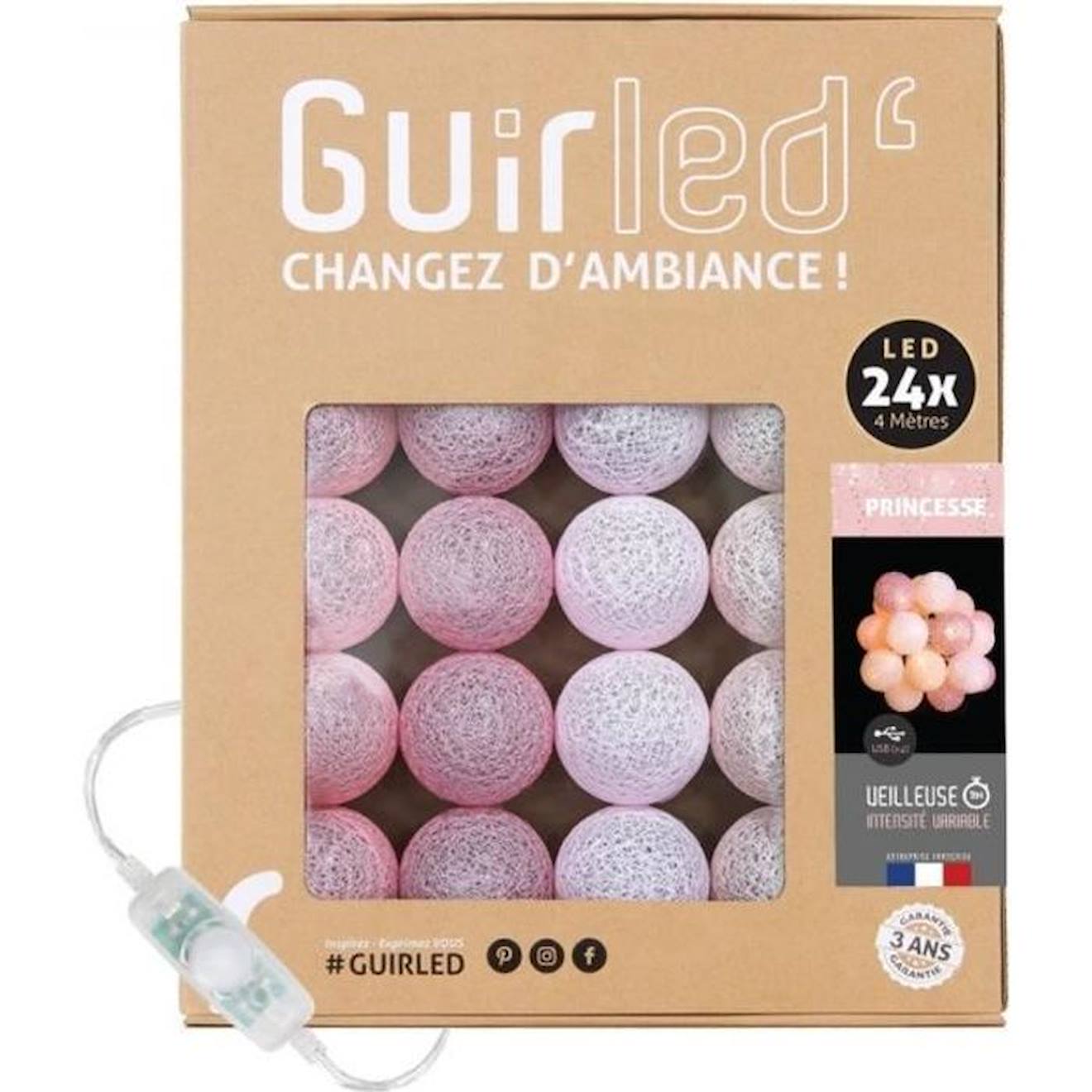 Guirled - Guirlande Lumineuse Boules Coton Led Usb - Guirled - Princesse - 24 Boules 2,4m - 3 Intensités Rose