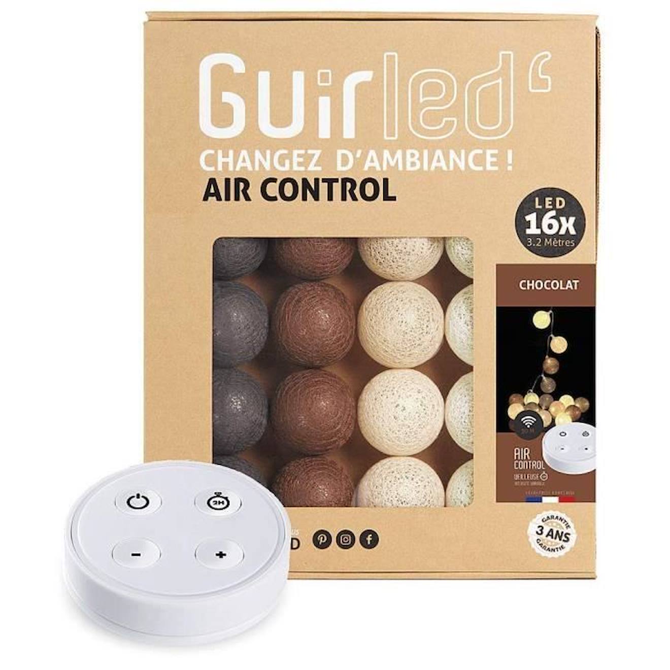 Guirled - Guirlande Lumineuse Boules Coton Led Usb - Télécommandée -veilleuse Bébé 2h - 4 Intensités - 16 Boules 1,6m - Chocolat Marron