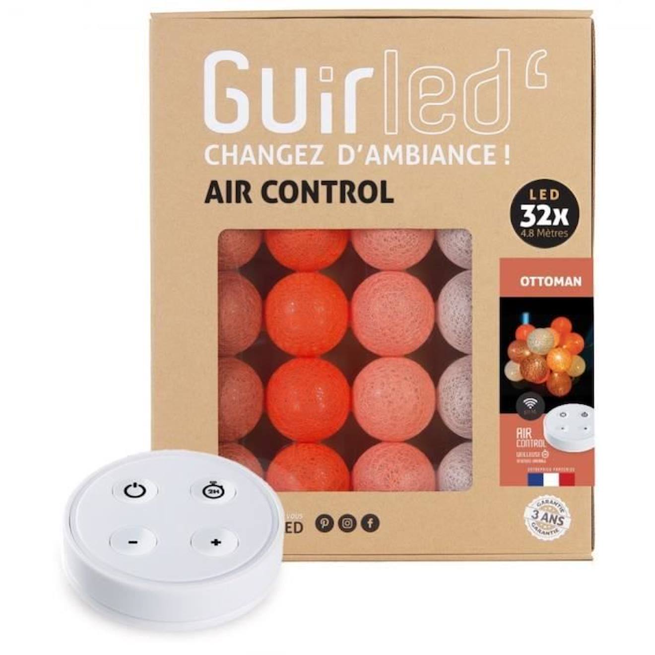 Guirlande Lumineuse Boules Coton Led Usb - Télécommandée -veilleuse Bébé 2h - 4 Intensités - 32 Boules 3,2m - Ottoman Orange