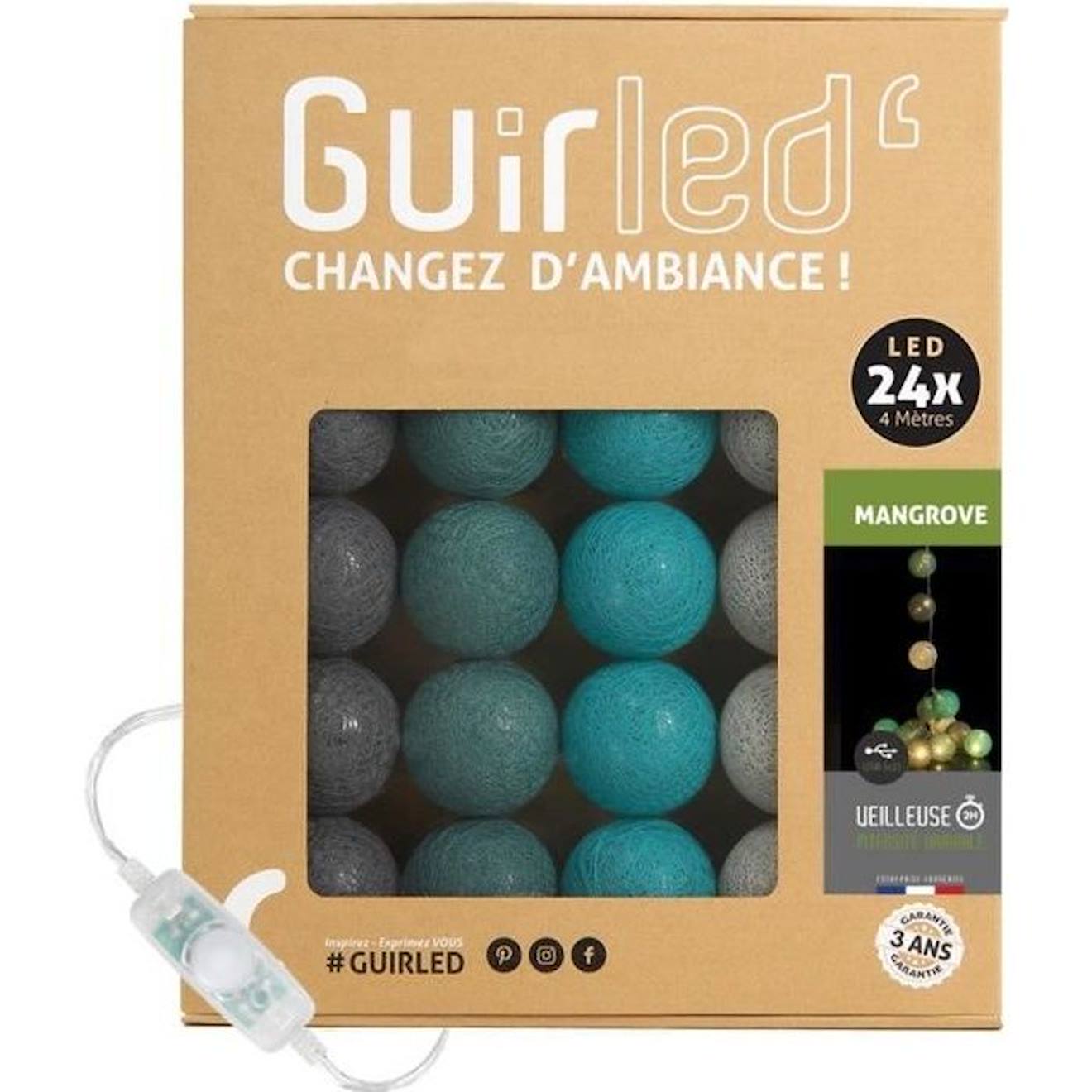 Guirled - Guirlande Lumineuse Boules Coton Led Usb - Veilleuse Bébé 2h - 3 Intensités - 24 Boules 2,4m - Mangrove Marron