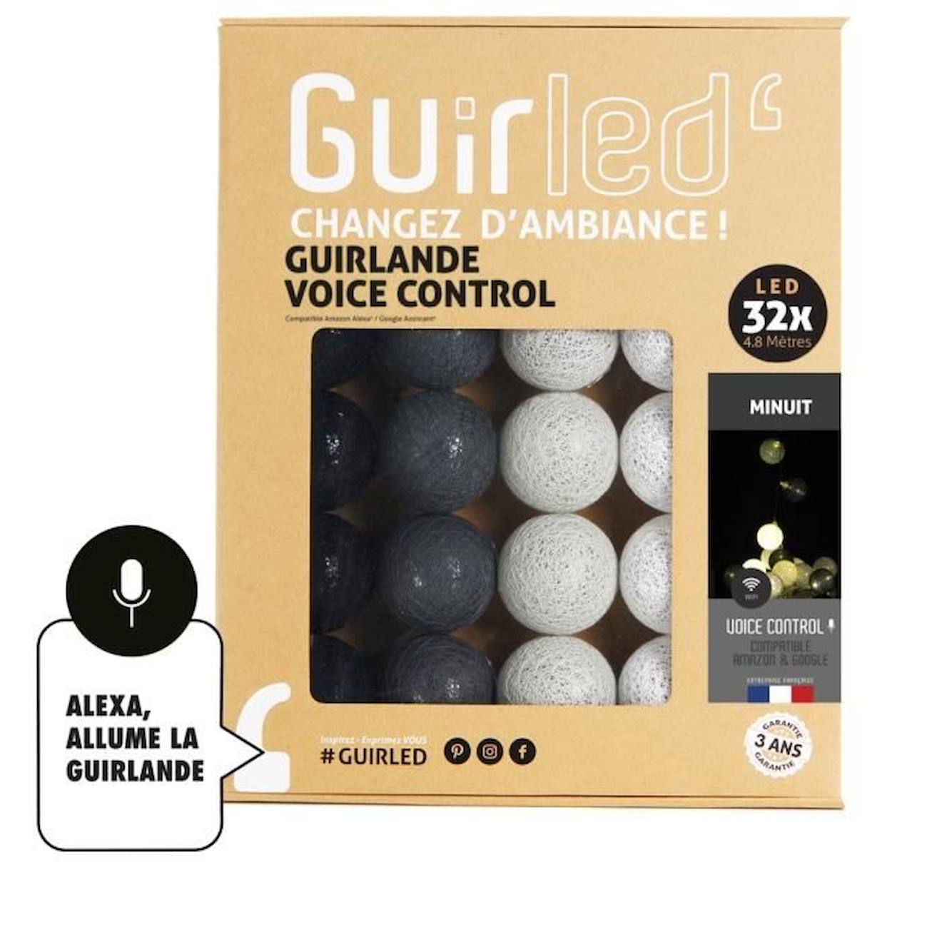 Minuit Commande Vocale Guirlande Lumineuse Boules Coton Google & Alexa Bleu