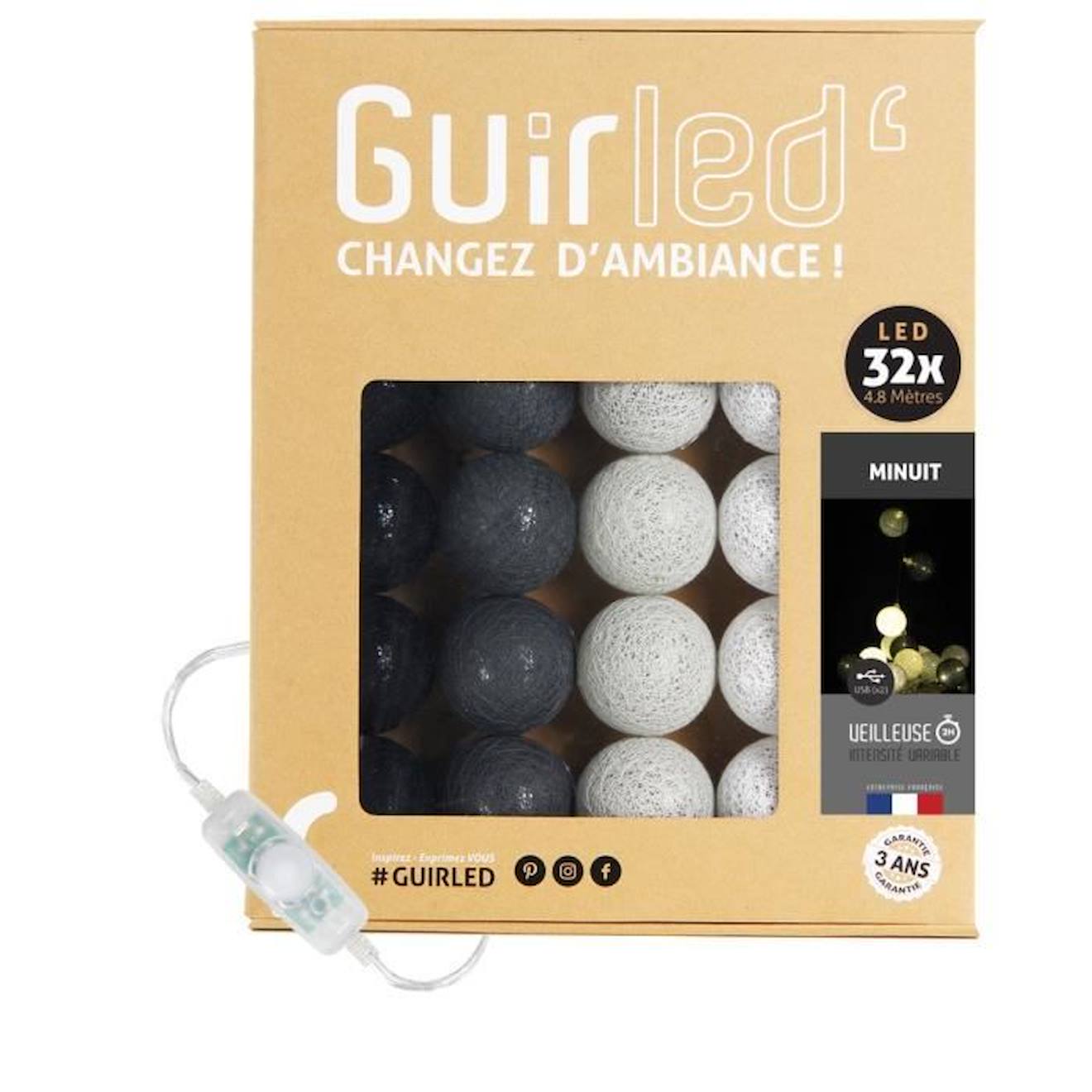 Guirlande Lumineuse Boules Coton Led Usb - Veilleuse Bébé 2h - 3 Intensités - 32 Boules 3,2m - Minuit Noir