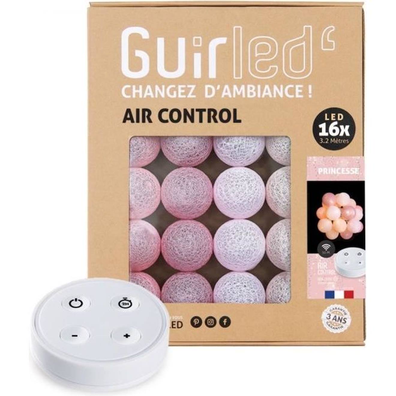 Guirled - Guirlande Lumineuse Boules Coton Led Usb - Télécommandée -veilleuse Bébé 2h - 4 Intensités - 16 Boules 1,6m - Princesse Rose