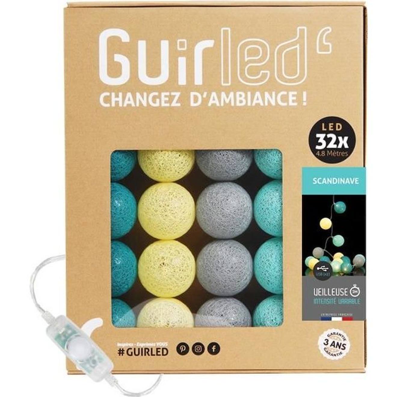 Guirled - Guirlande Lumineuse Boules Coton Led Usb - Veilleuse Bébé 2h - 3 Intensités - 32 Boules 3,2m - Scandinave Vert