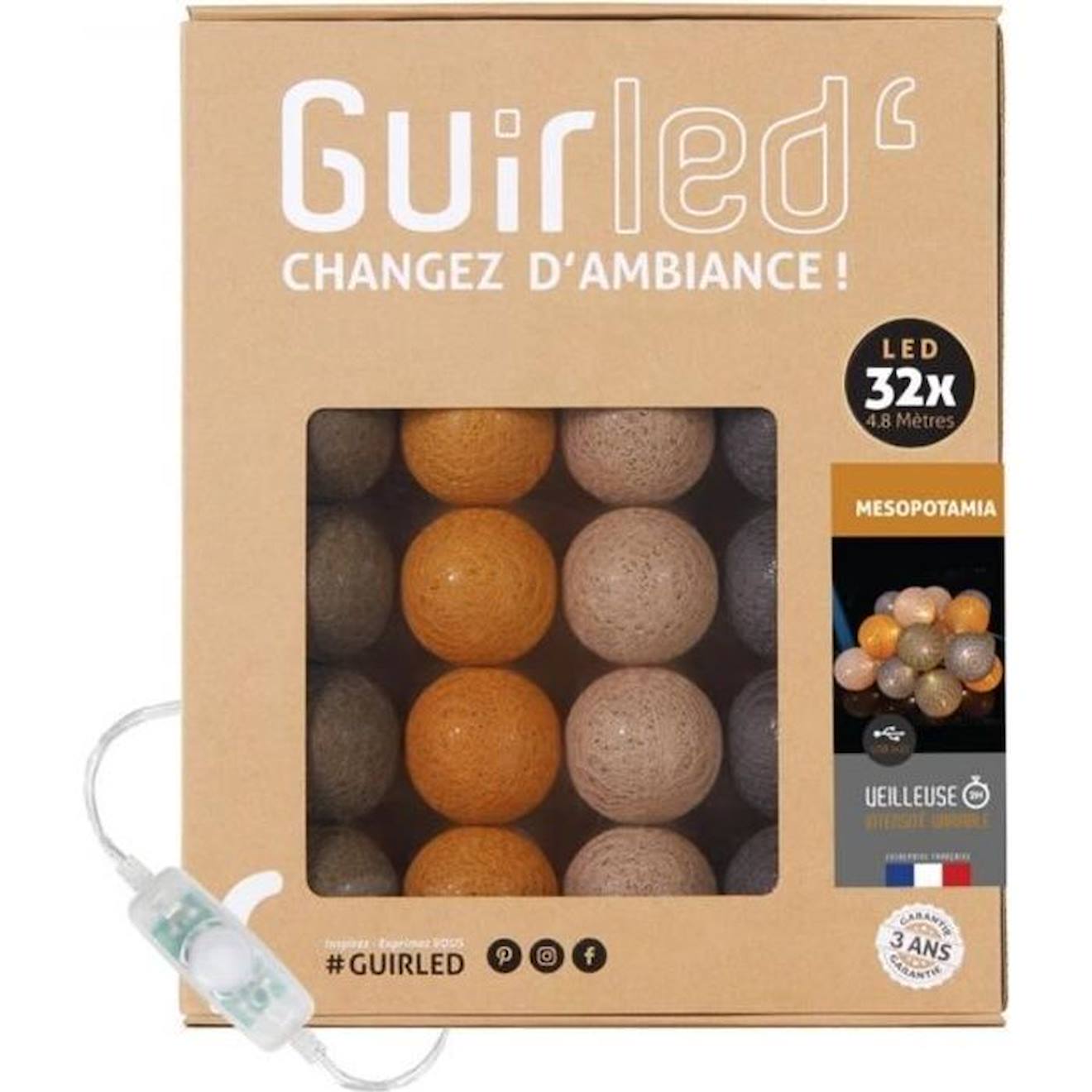 Guirled - Guirlande Lumineuse Boules Coton Led Usb - Veilleuse Bébé 2h - 3 Intensités - 32 Boules 3,2m - Mesopotamia Marron