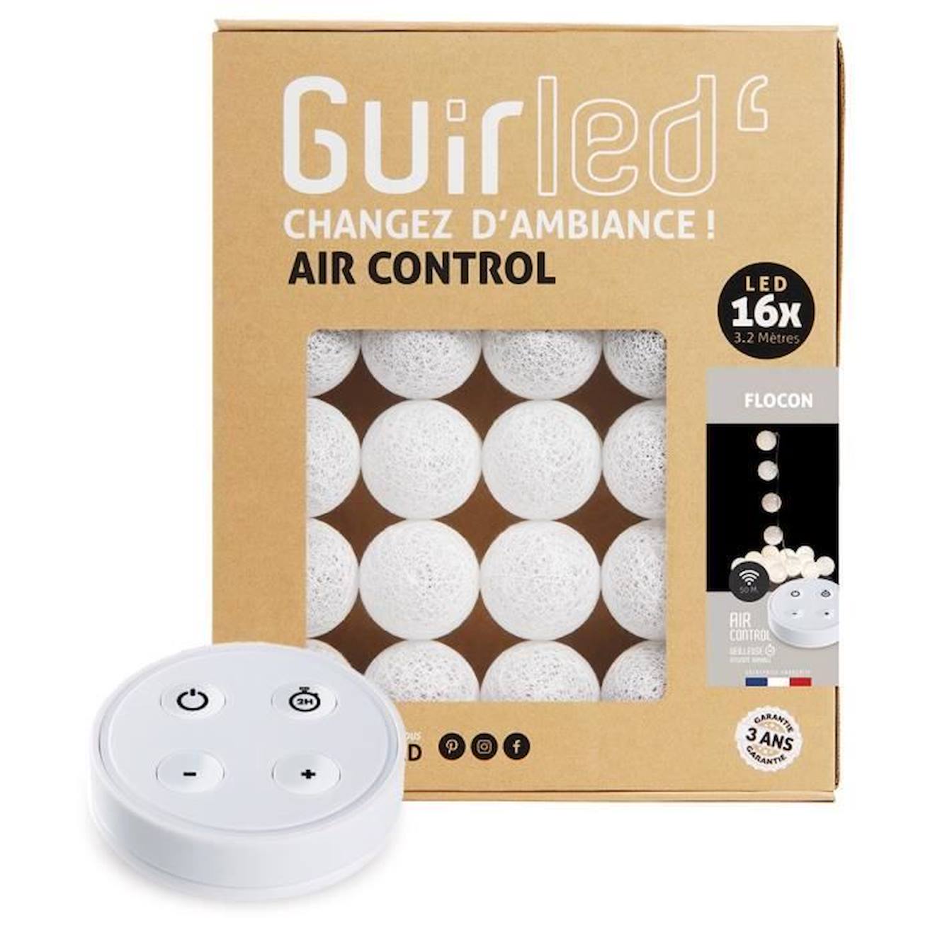 Guirled - Guirlande Lumineuse Boules Coton Led Usb - Télécommandée -veilleuse Bébé 2h - 4 Intensités - 16 Boules 1,6m - Flocon Blanc