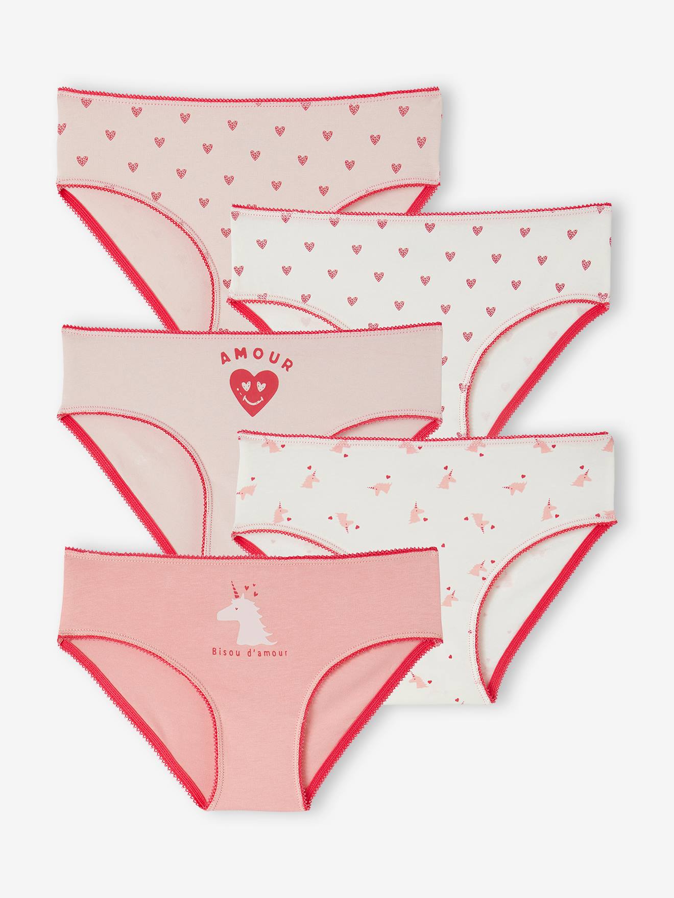 Lot de 5 culottes coeurs et licornes fille en coton bio rose