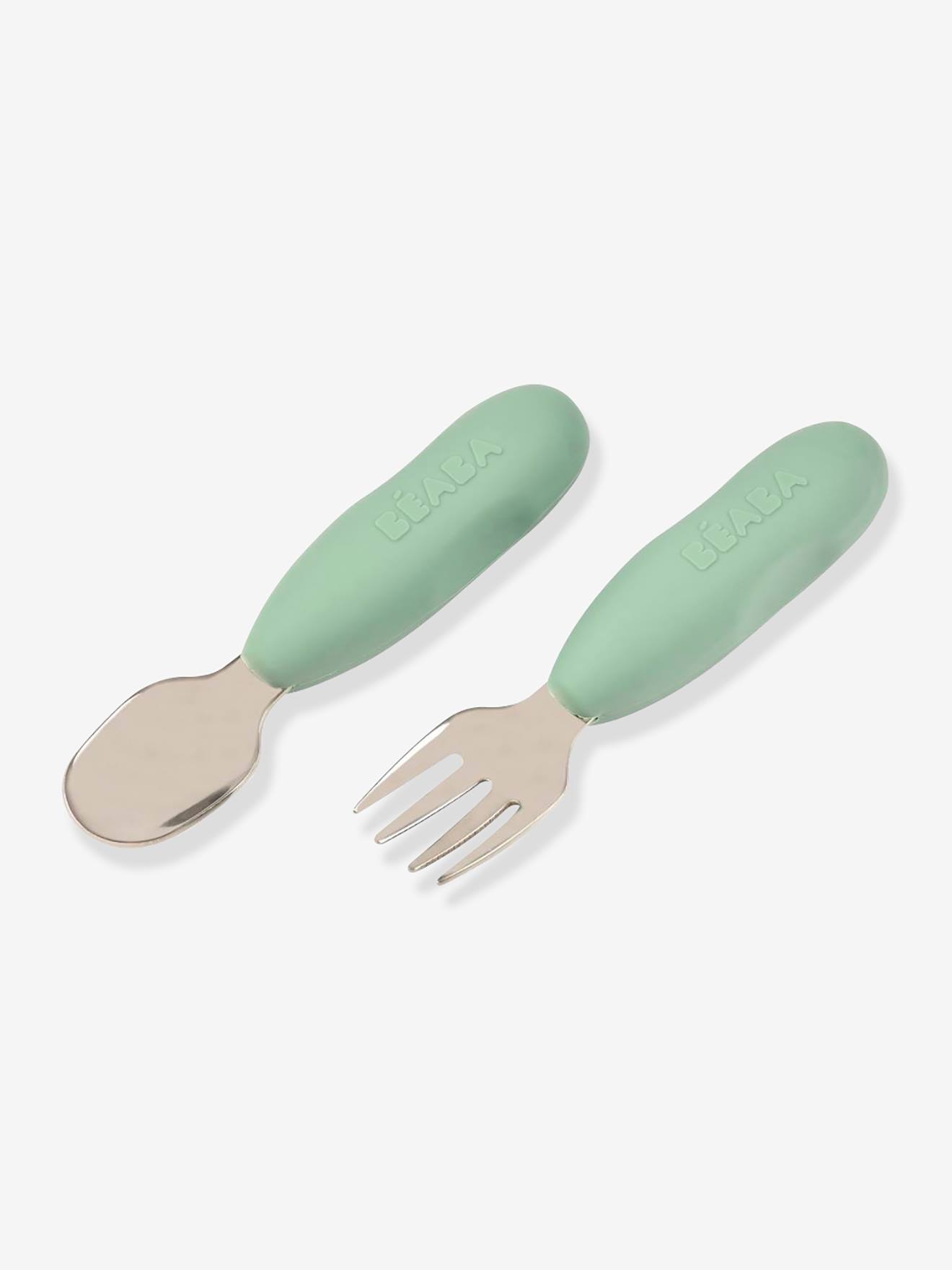 Lot de 2 pré-couverts d'apprentissage 2e âge en inox et silicone sage green (Béaba) - Image 2