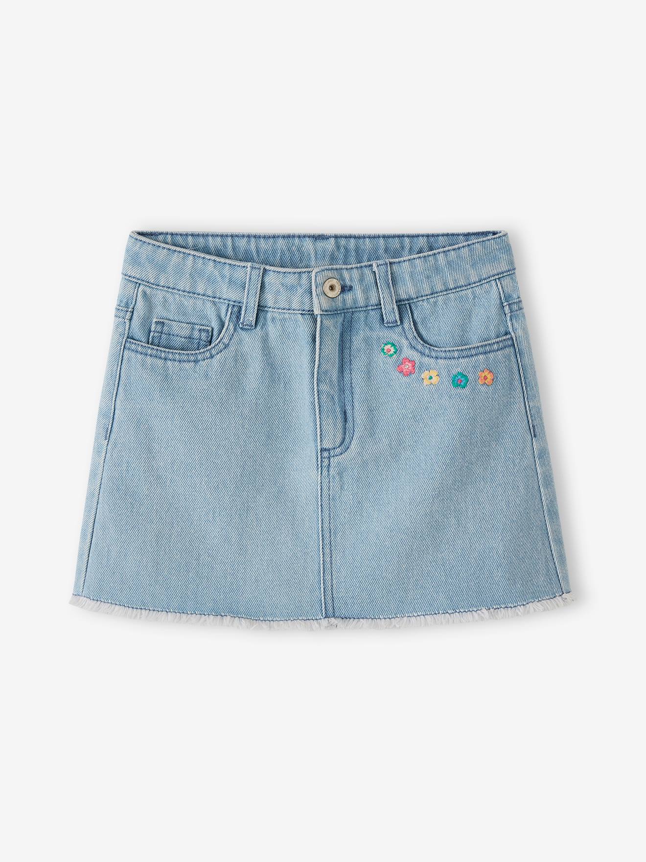 Jupe en jean brodée fleurs fille denim bleached