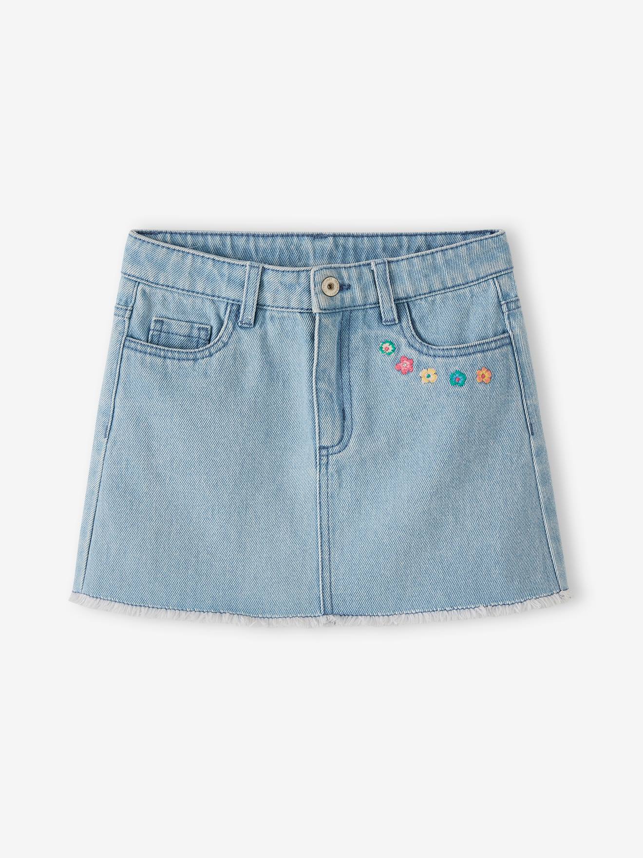 jupe en jean brodée fleurs fille denim bleached