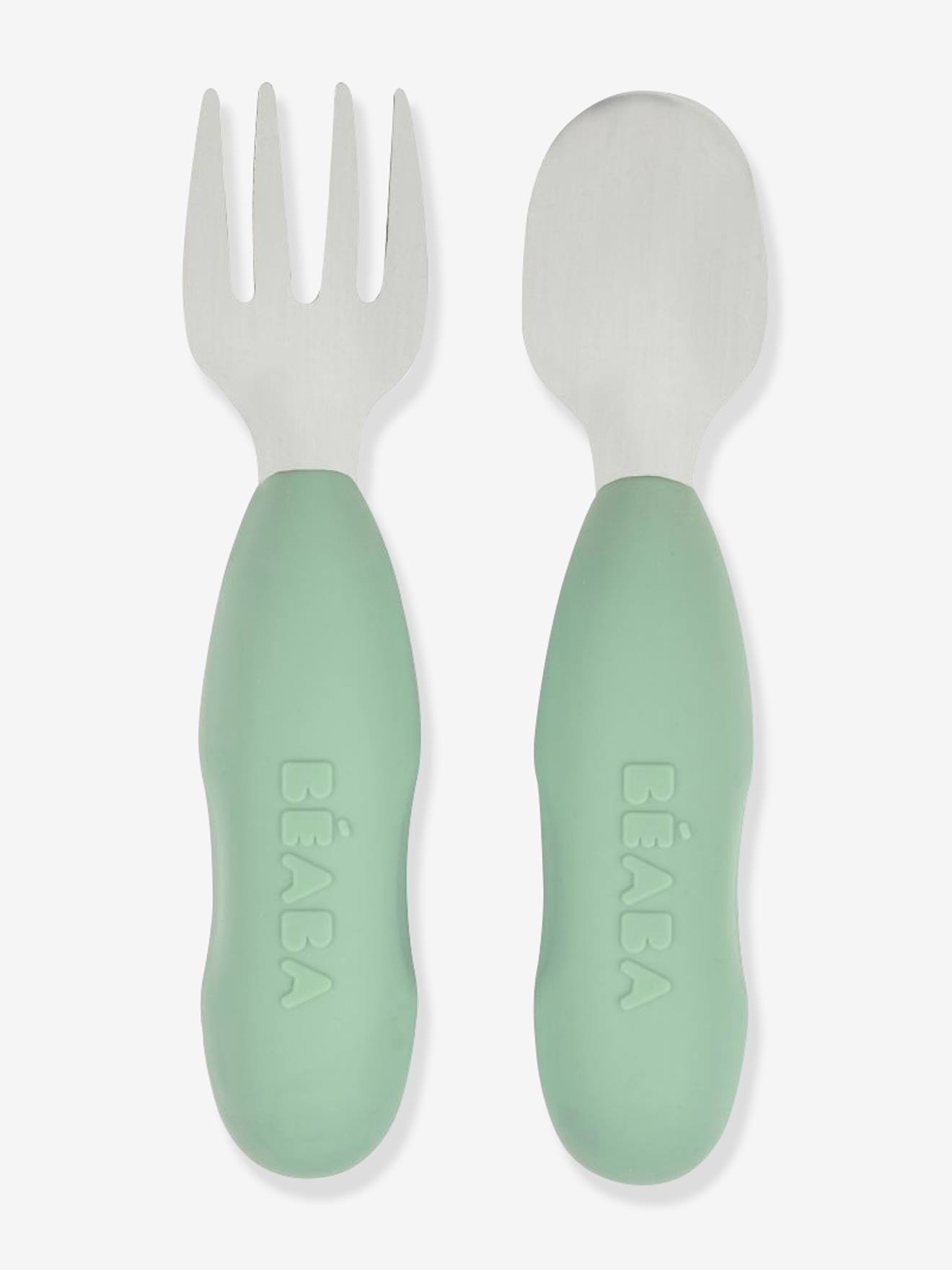Lot de 2 pré-couverts d'apprentissage 2e âge en inox et silicone sage green (Béaba) - Image 1