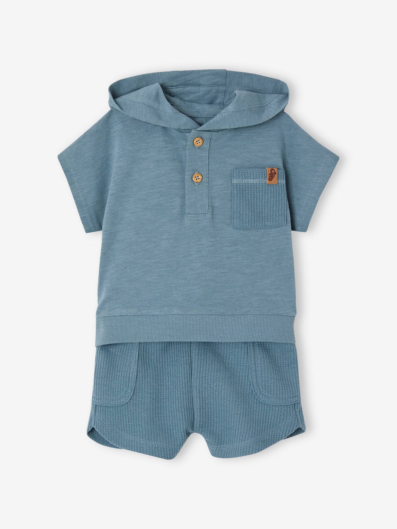 Ensemble bébé T-shirt à capuche et short en nid d'abeille bleu canard