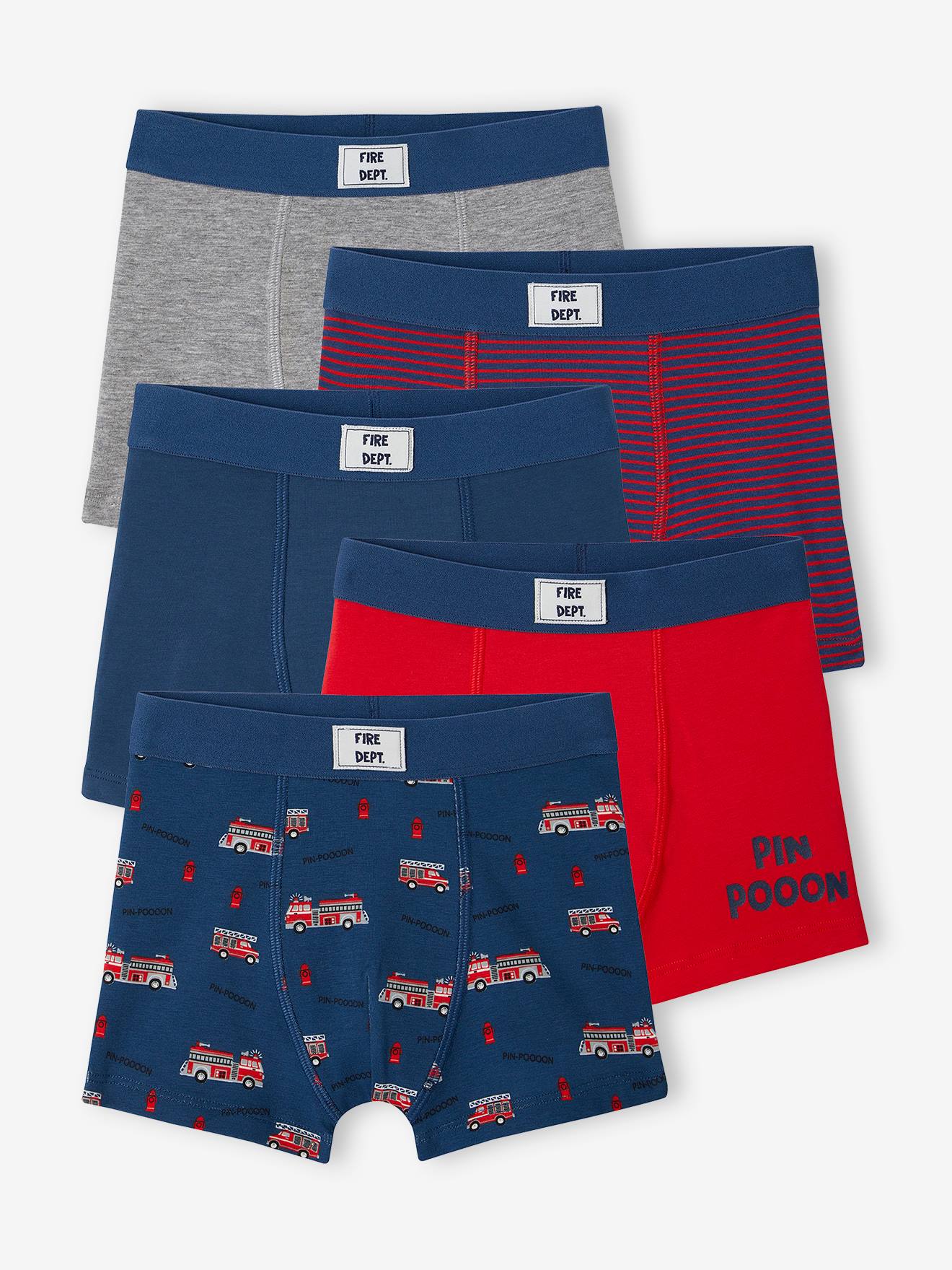 Lot de 5 boxers stretch pompiers garçon en coton bio bleu océan