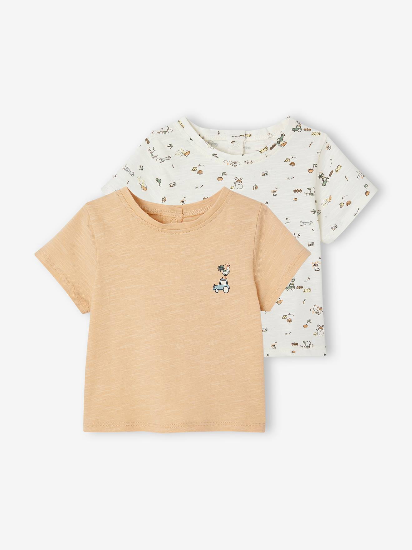 Lot de 2 T-shirts naissance manches courtes en coton biologique beige