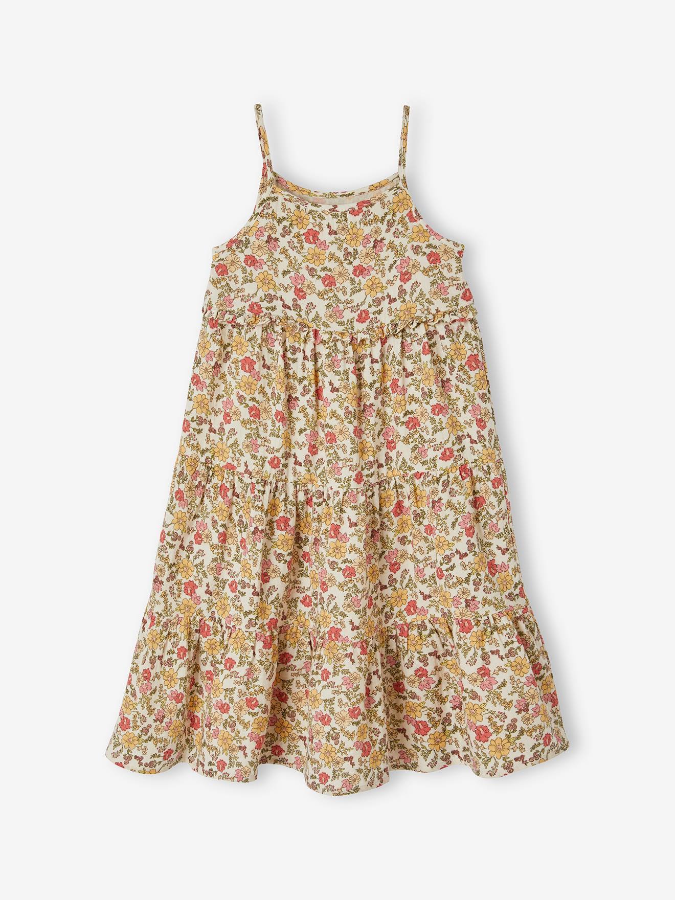 Robe longue à bretelles en gaze de coton fille orange imprimé