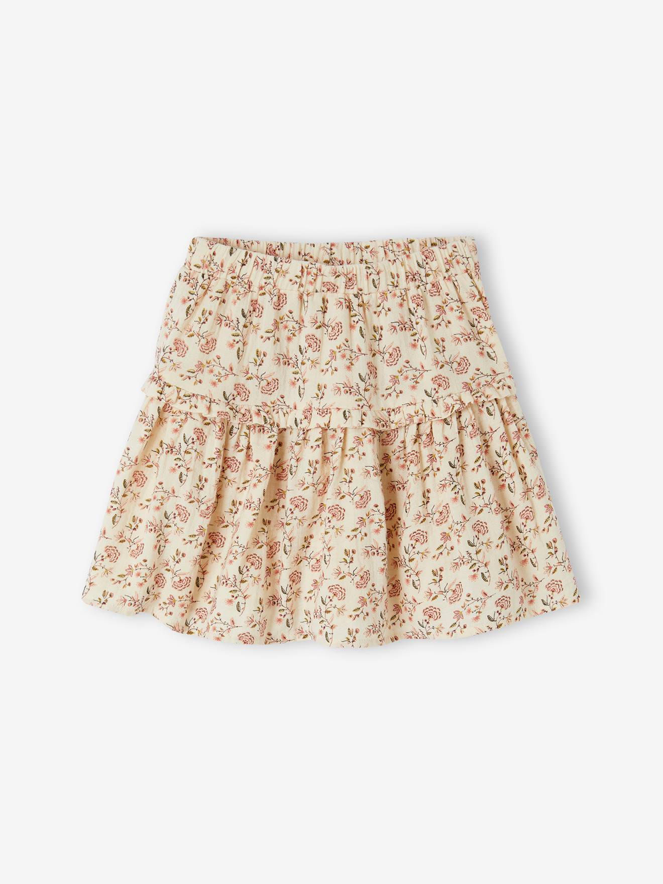 Jupe à fleurs en gaze de coton fille blanc imprimé