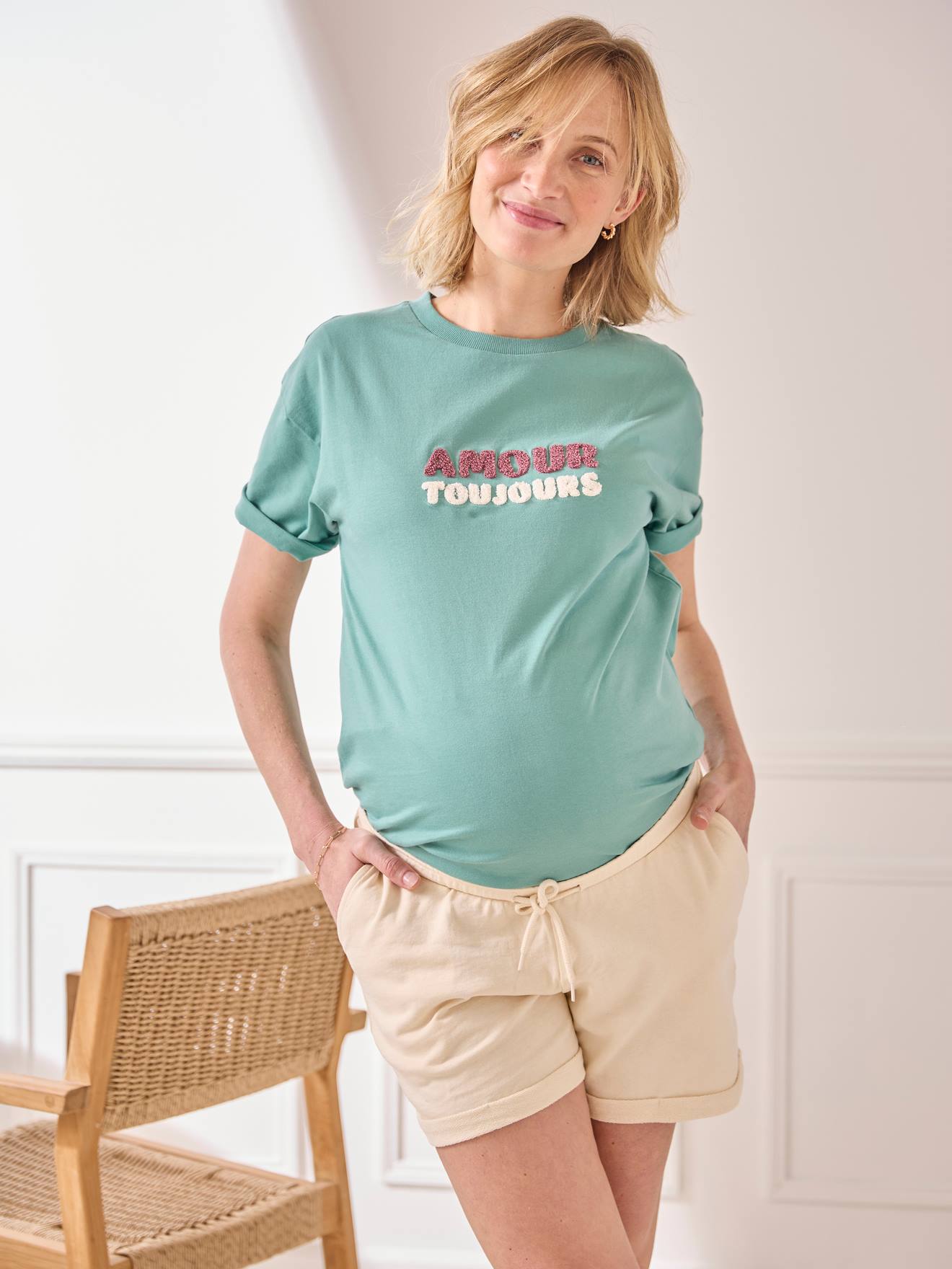 Vertbaudet - T-shirt uni grossesse à message coton biologique menthe