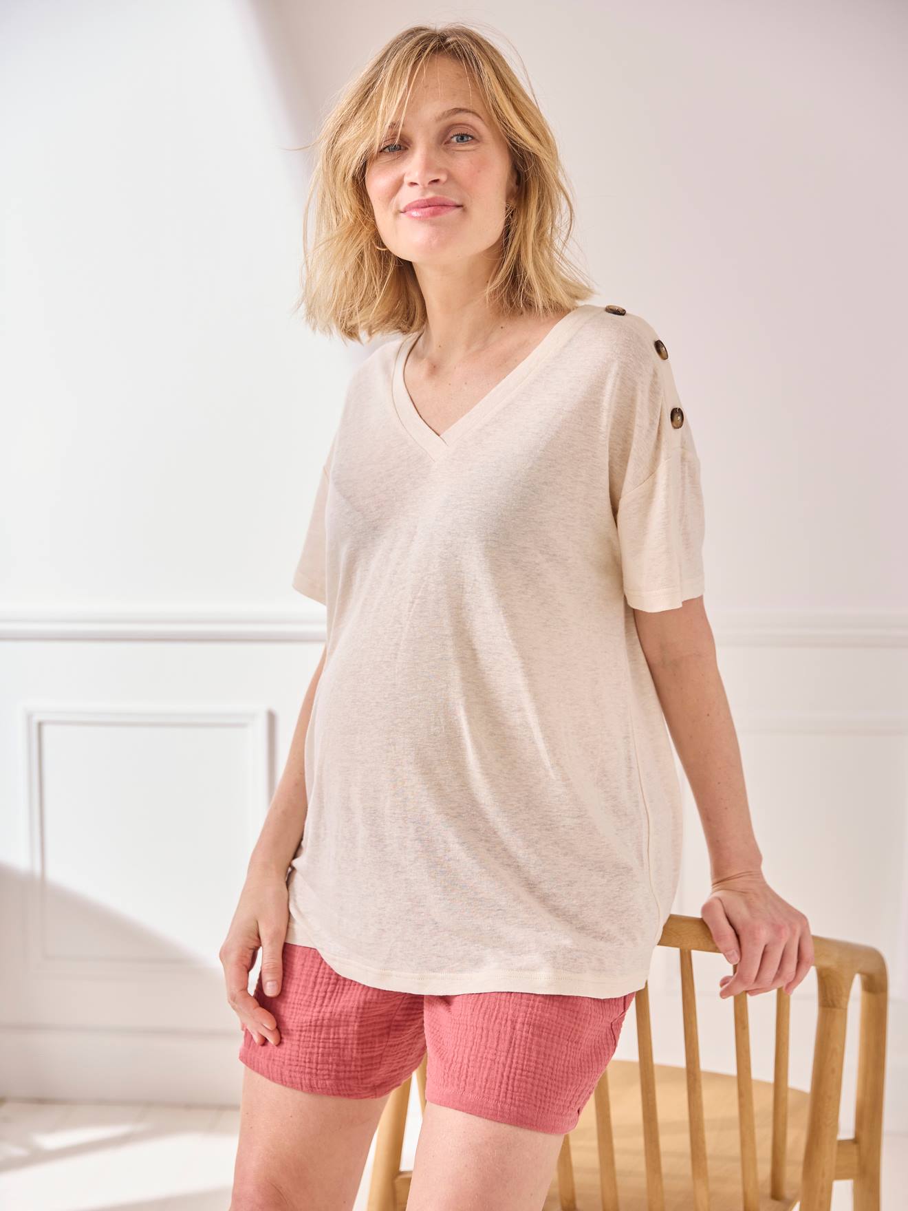 T-shirt col V grossesse lin et viscose écru