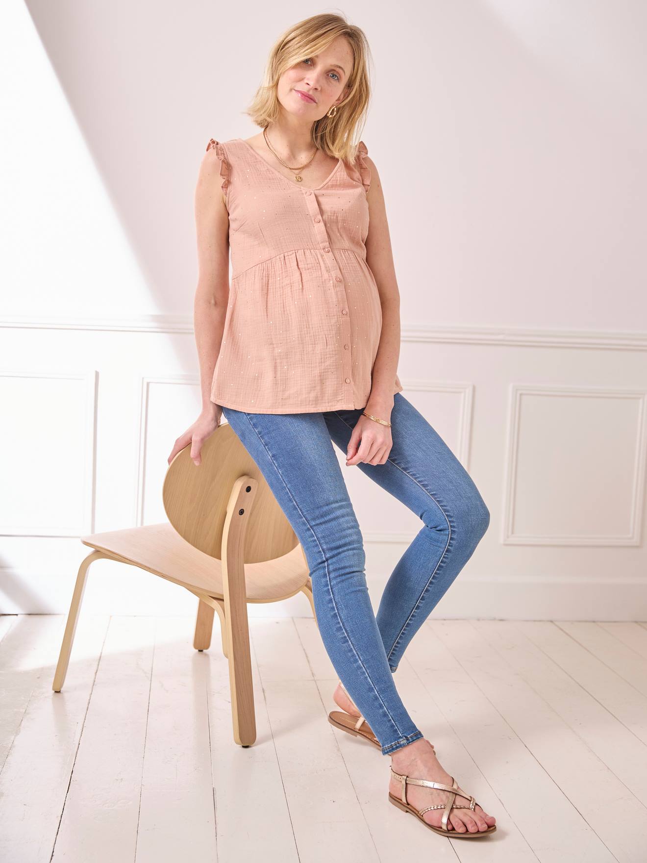 Blouse de grossesse et d'allaitement en gaze de coton à pois irisés rose poudré pois irisés