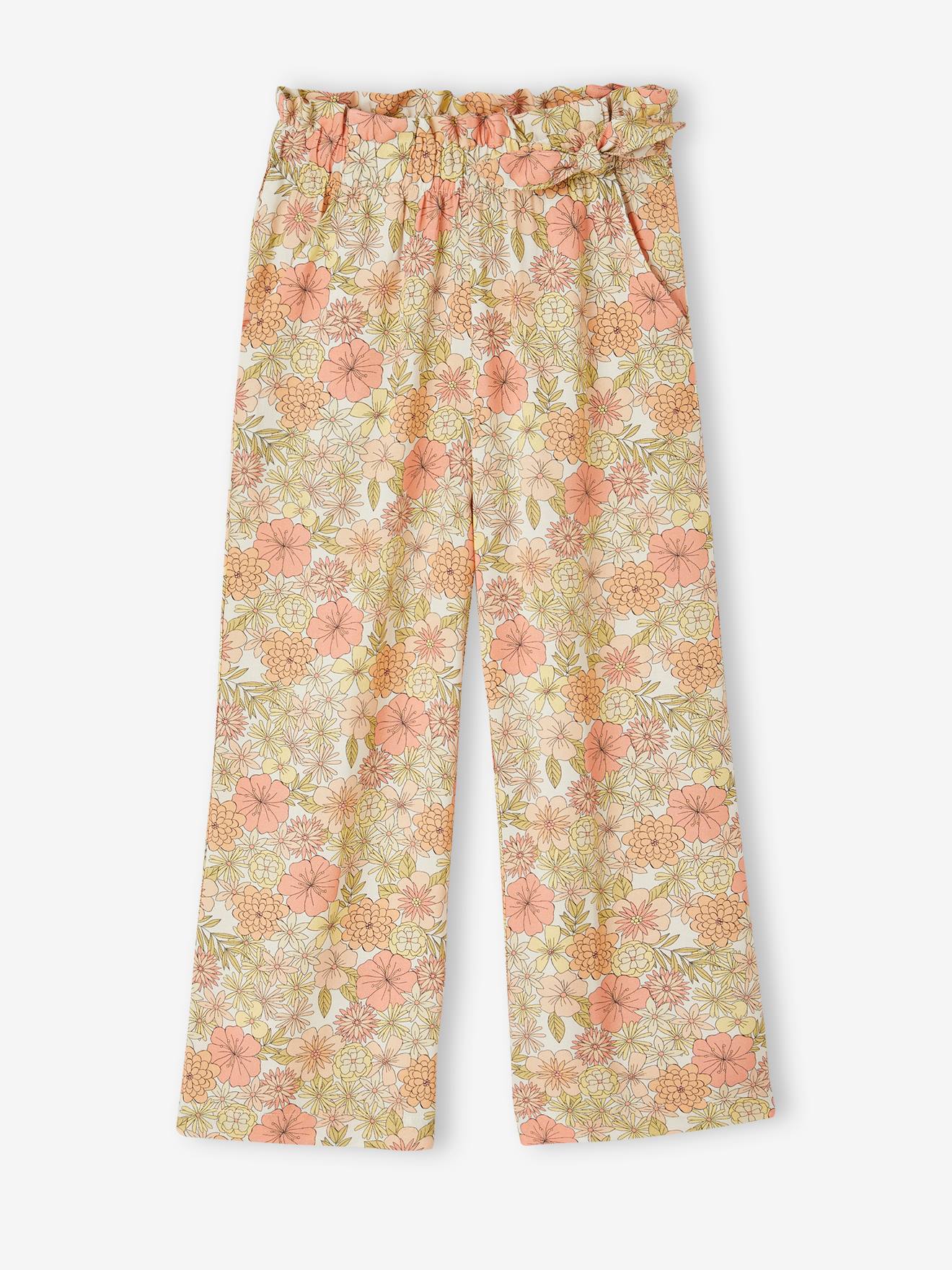 pantalon large motifs fleurs fille écru