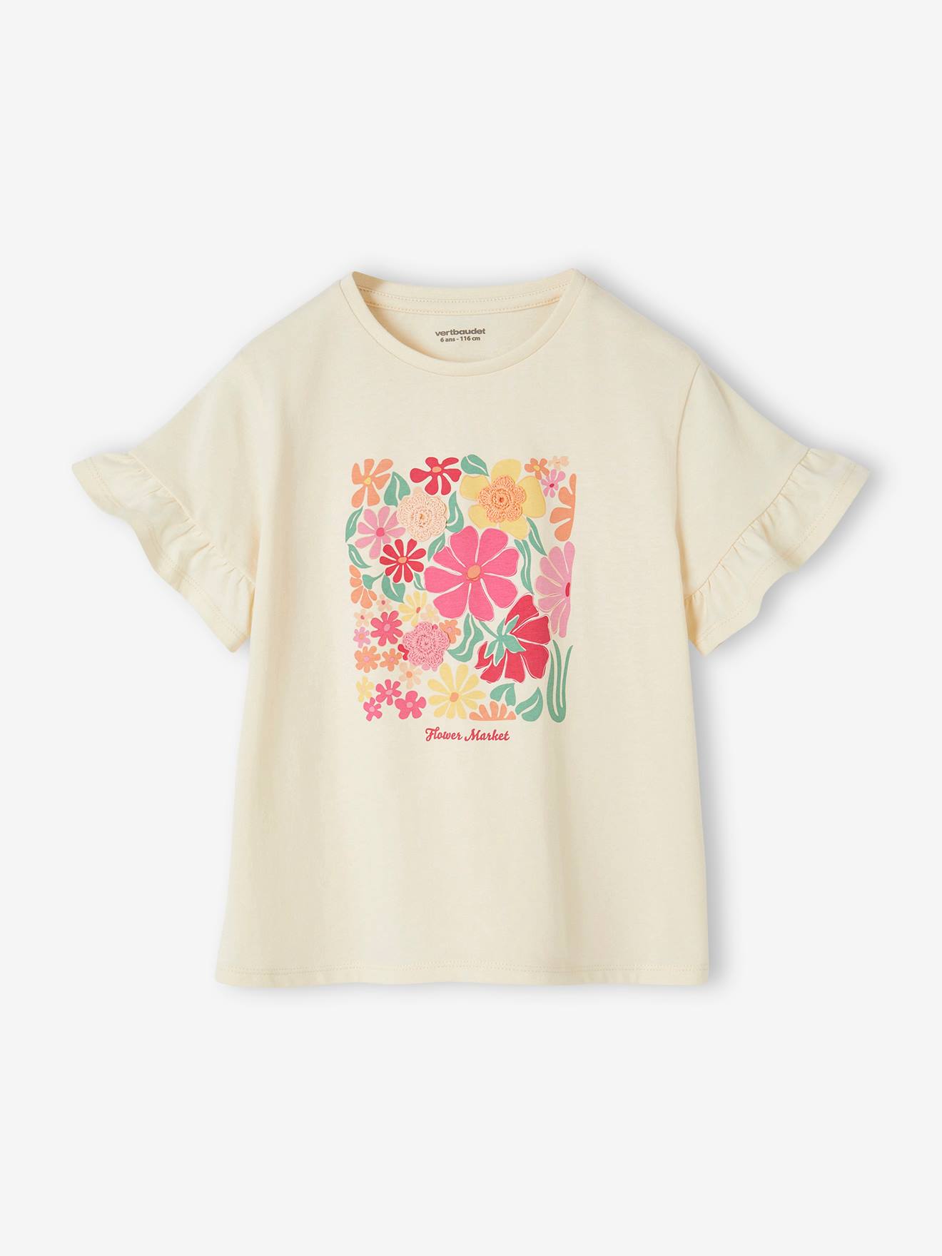 Tee-shirt fantaisie fleurs en cochet fille manches à volants écru
