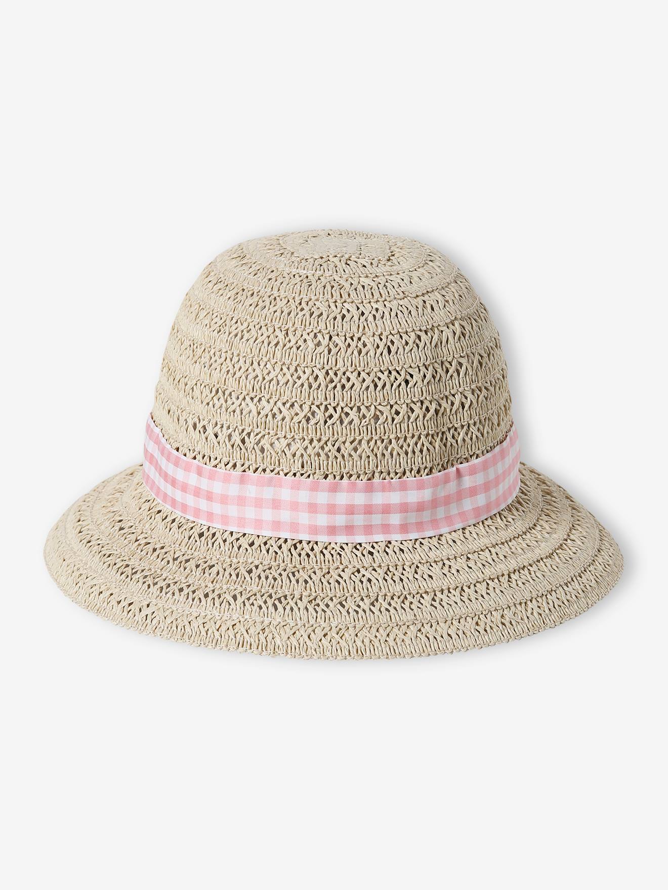 Chapeau en paille de papier et ruban vichy bébé fille écru