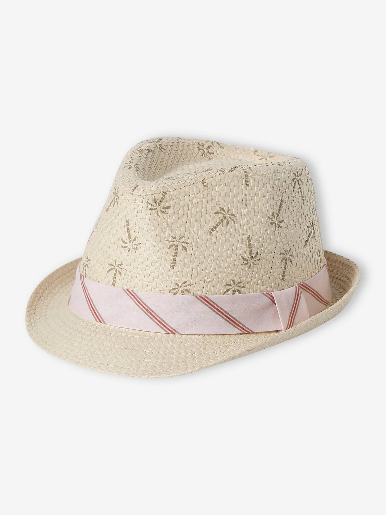 Chapeau en paille de papier et ruban rayé bébé garçon beige