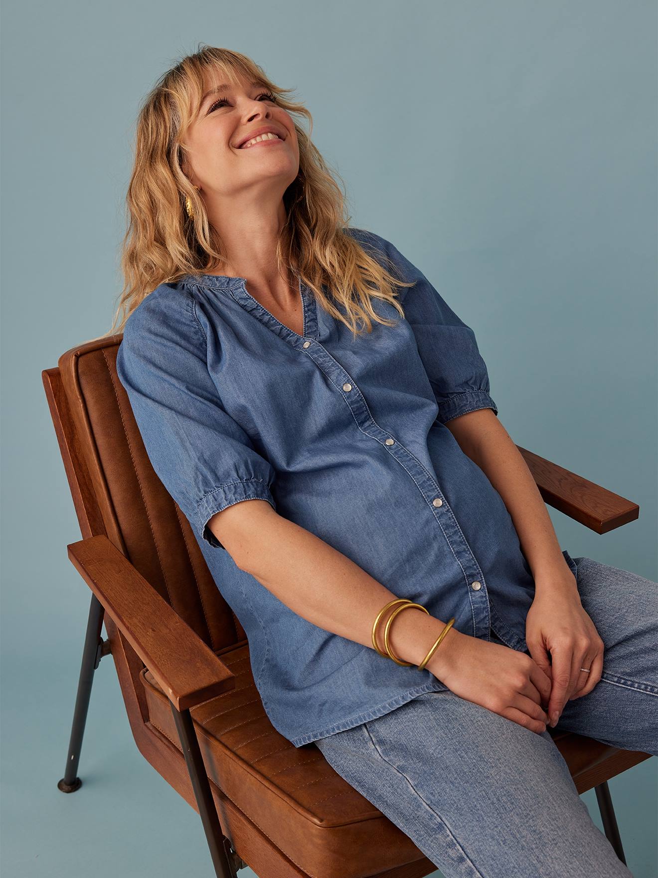 Blouse grossesse en denim léger manches courtes double stone