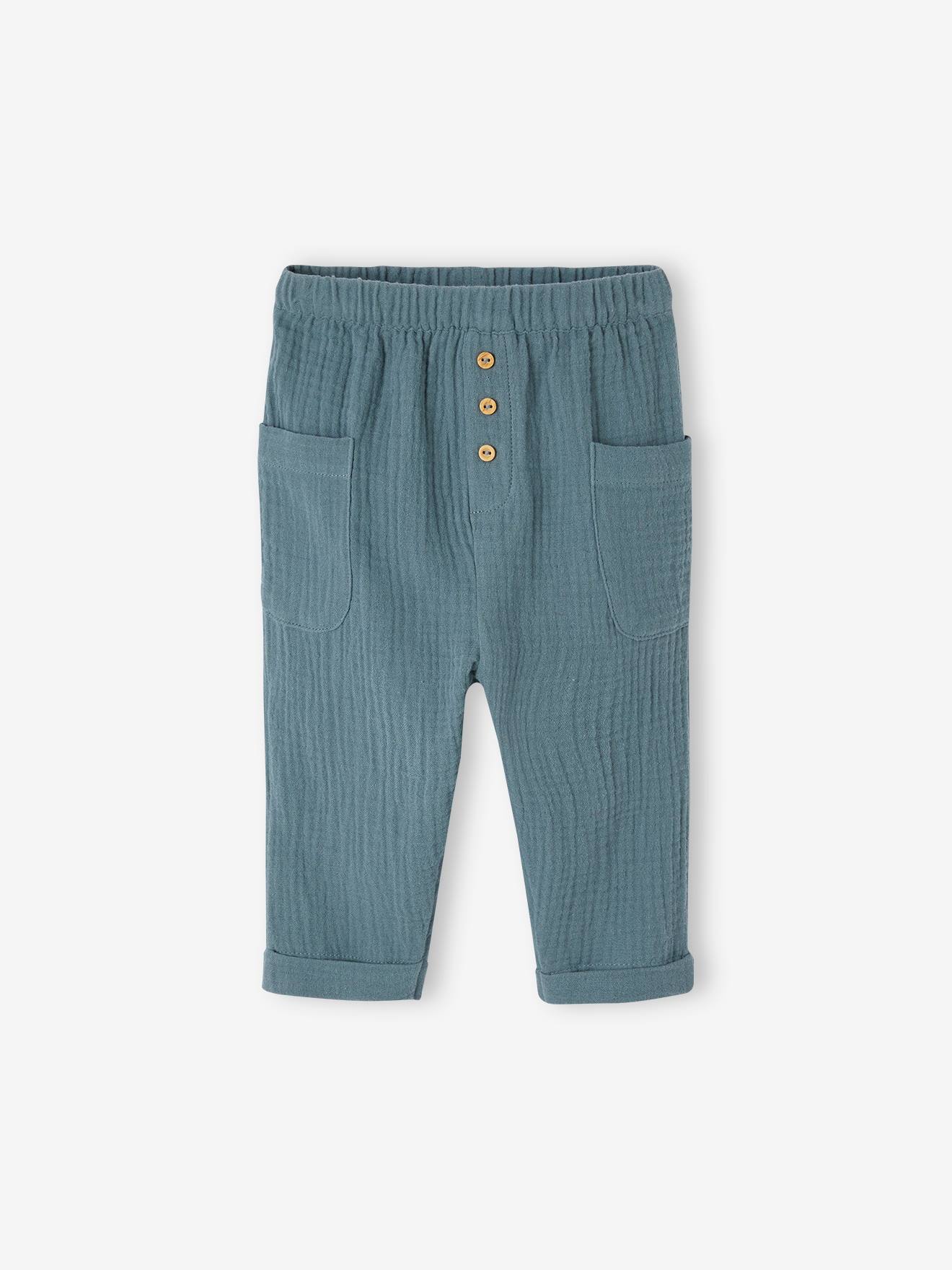 Pantalon bébé en gaze de coton bleu canard