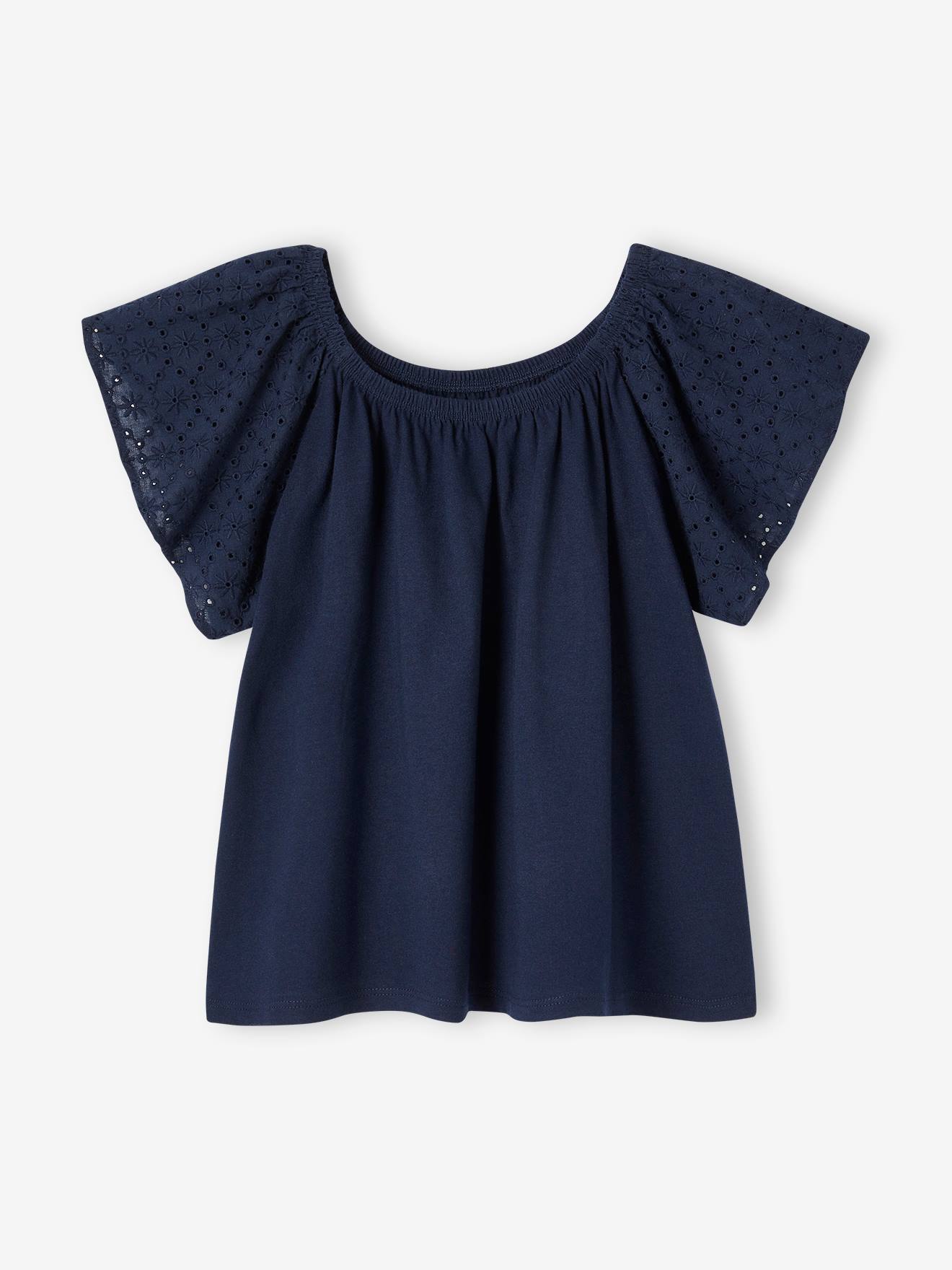 Tee-shirt manches en broderies anglaises fille marine