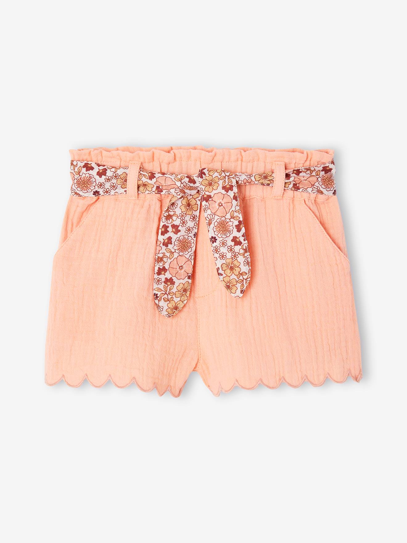 Short bébé fille en gaze de coton ceinture imprimée abricot