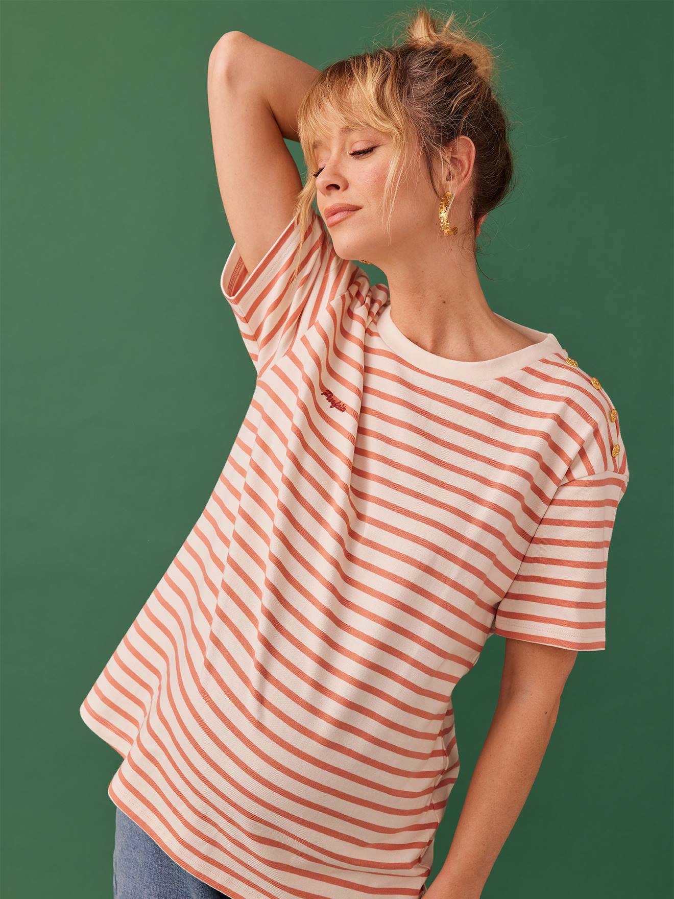 Tee-shirt grossesse rayé brodé parfaite coton bio ENVIE DE FRAISE pêche