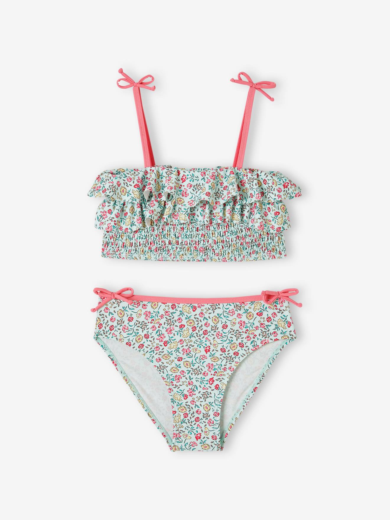 Maillot de bain 2 pièces fille imprimé fleurs vert d'eau