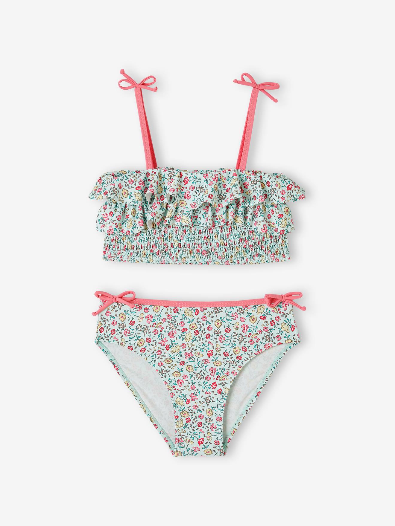 maillot de bain 2 pièces fille imprimé fleurs vert d'eau