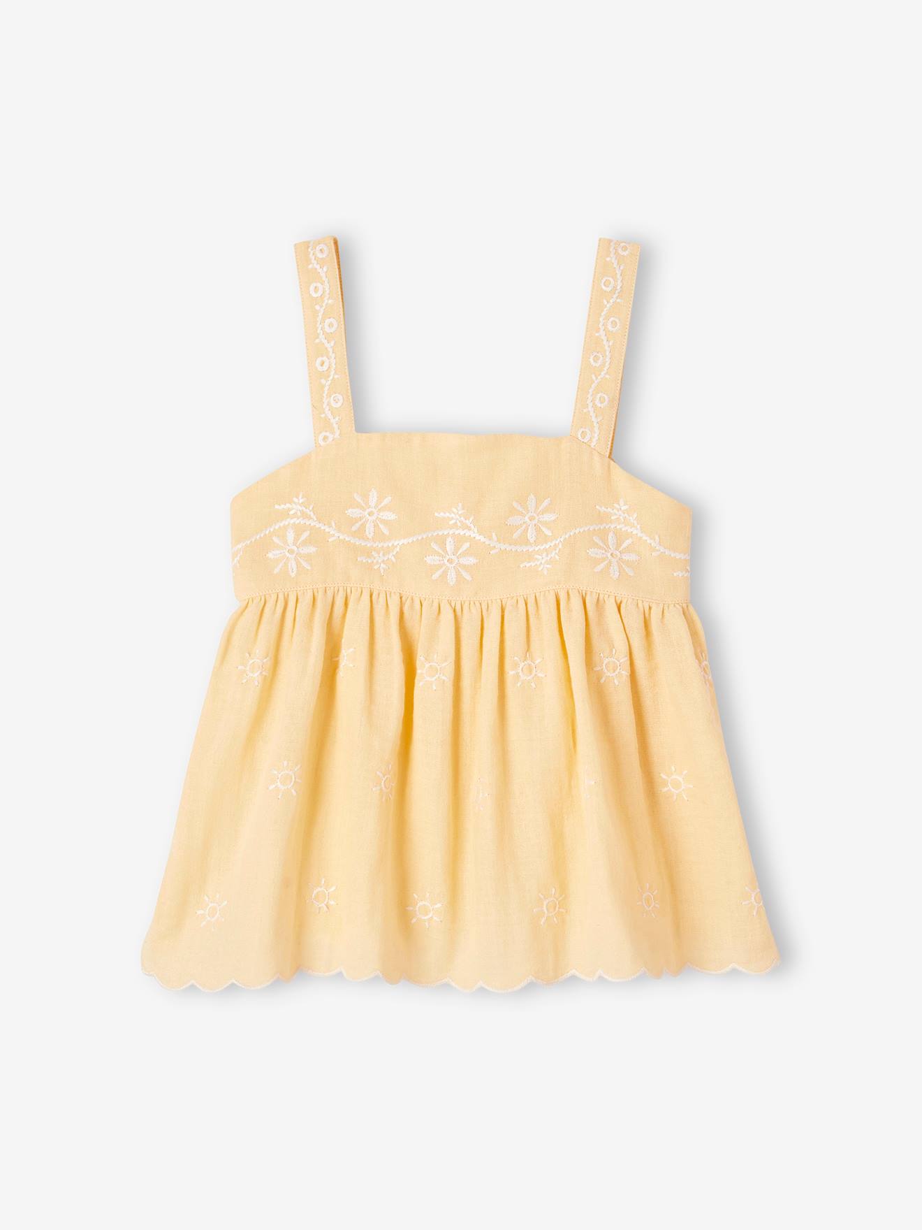 Blouse brodée en gaze de coton fille jaune pastel
