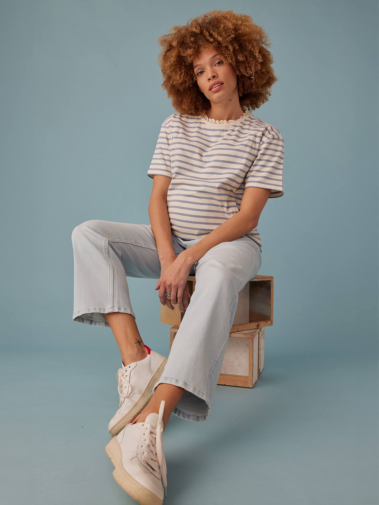 Tee-shirt grossesse style marinière bleu ciel