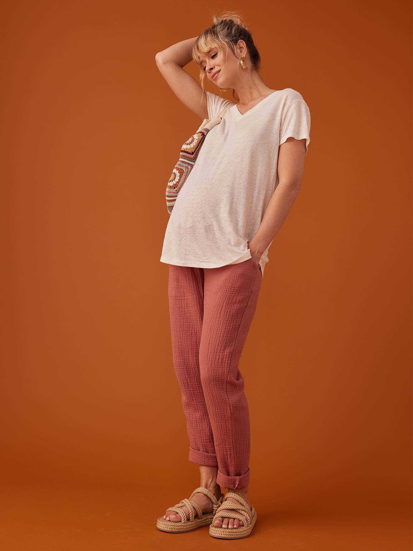 Pantalon grossesse en gaze de coton style paperbag vieux rose