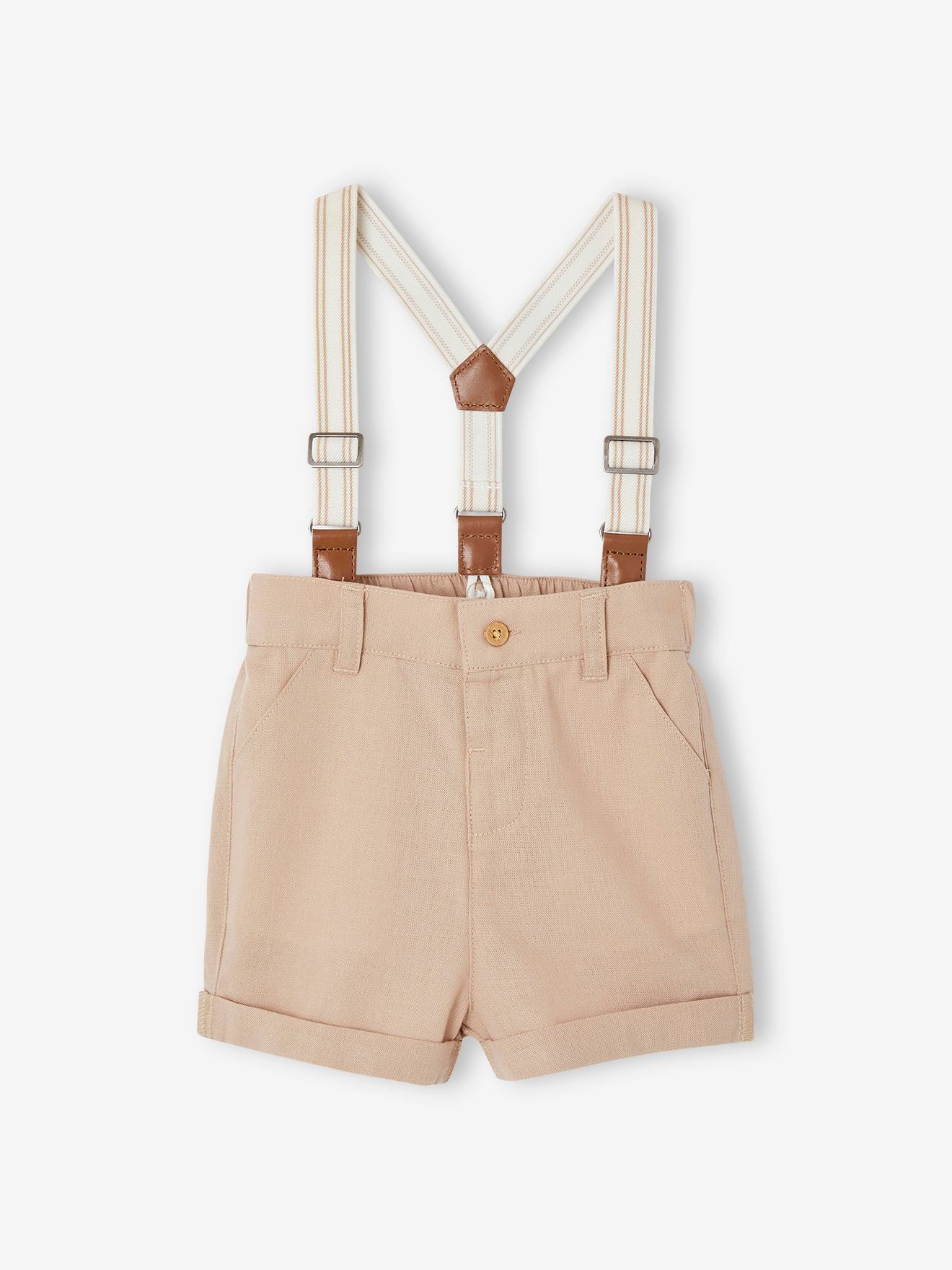 Ensemble cérémonie bébé chemise short bretelles taupe