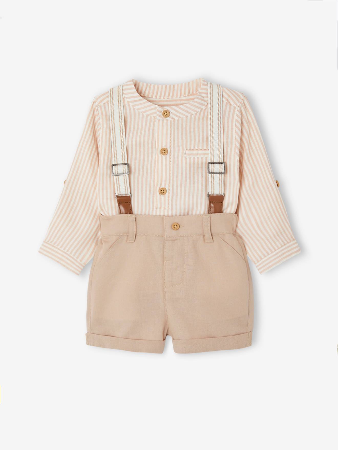 Ensemble cérémonie bébé : chemise + short + bretelles taupe