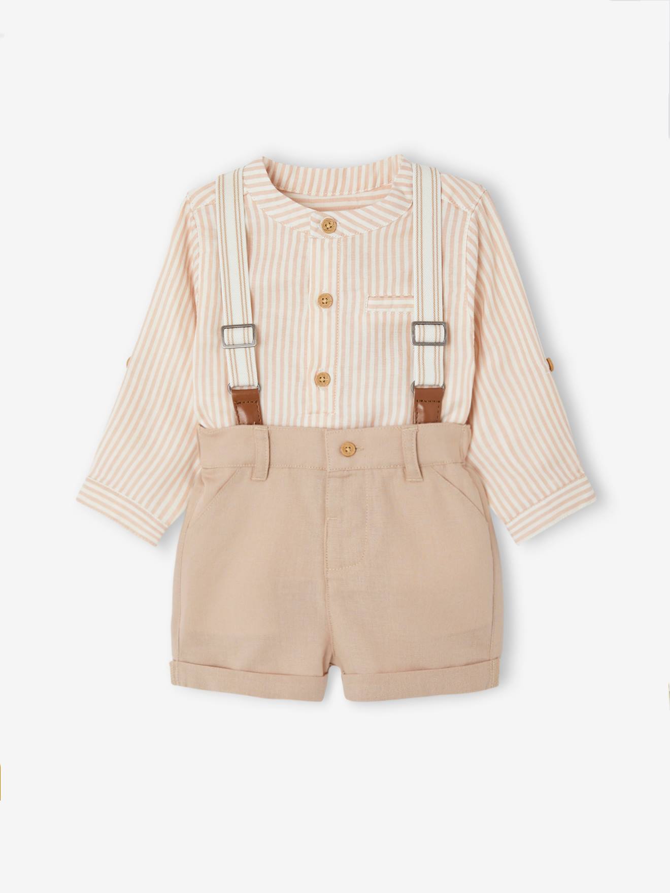 ensemble cérémonie bébé : chemise + short + bretelles taupe