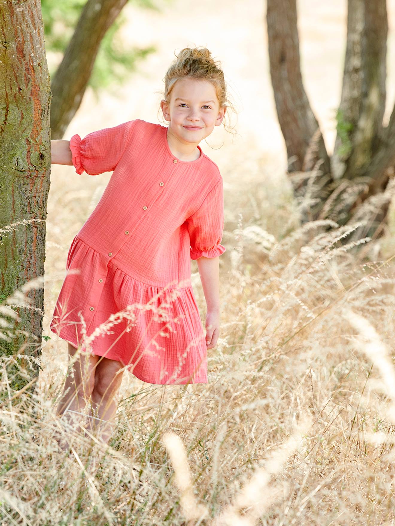 Robe boutonnée en gaze de coton rouge