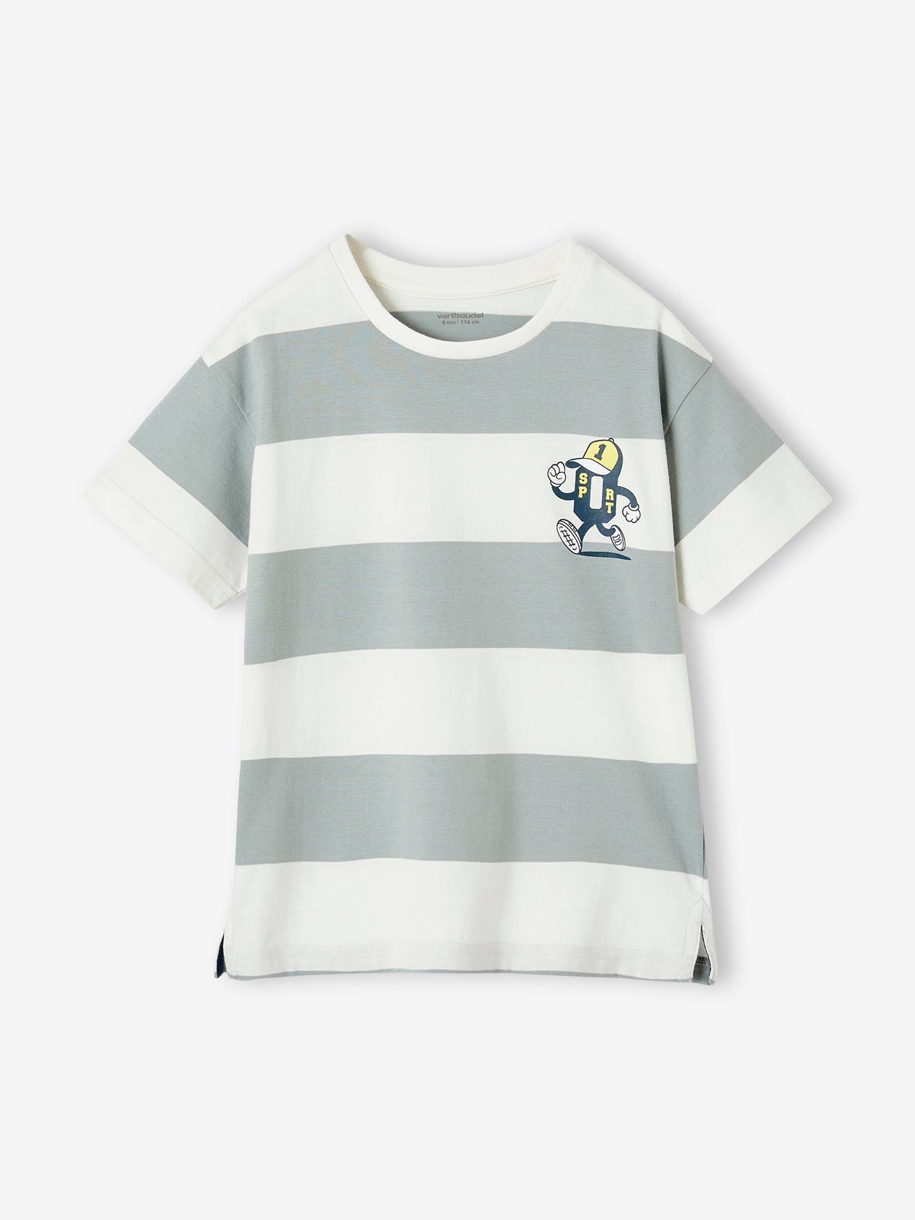Tee-shirt sport mascotte à large rayures garçon vert d'eau